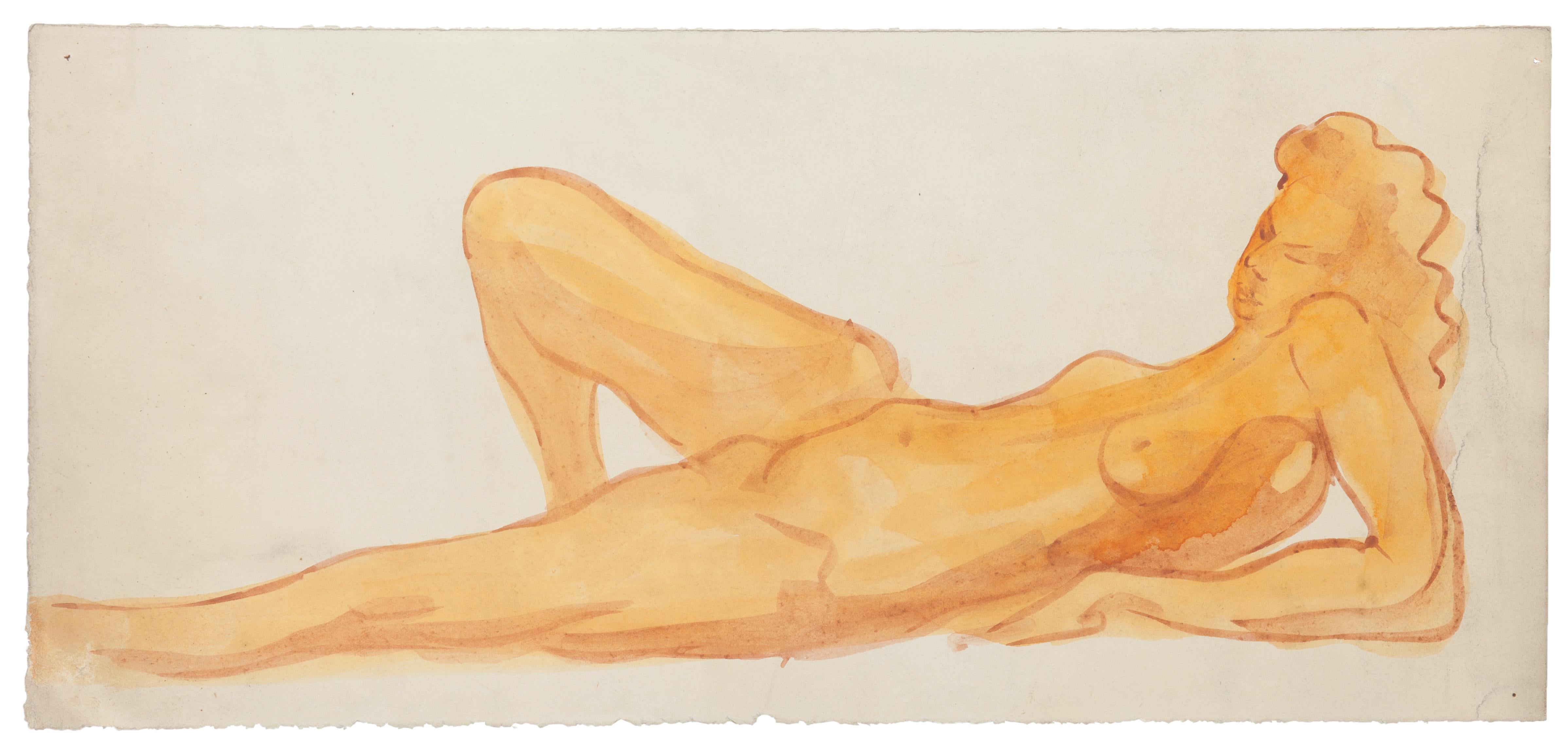 Nude 1935's is an original drawing in watercolor a on paper, realized by Jean Delpech (1988-1916). 

Sheet dimension: 13.1 x 29.5 cm.

The artwork represents a nude woman lying down, skillfully created, through delicate lines and vivid