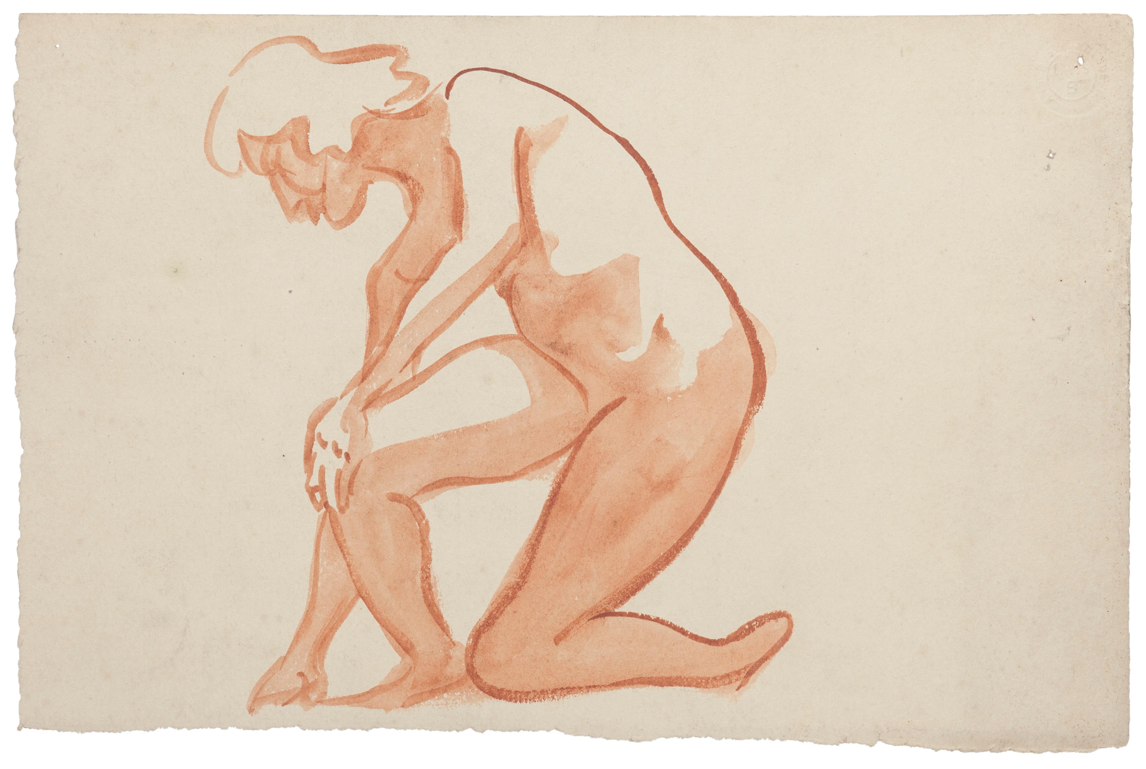 Nude 1935's is an original drawing in tempera and watercolor a on paper, realized by Jean Delpech (1988-1916). 

On the back of the drawing, a row of trees and a building of a monument drawn in pencil. Hand signed, on the lower right.

Sheet