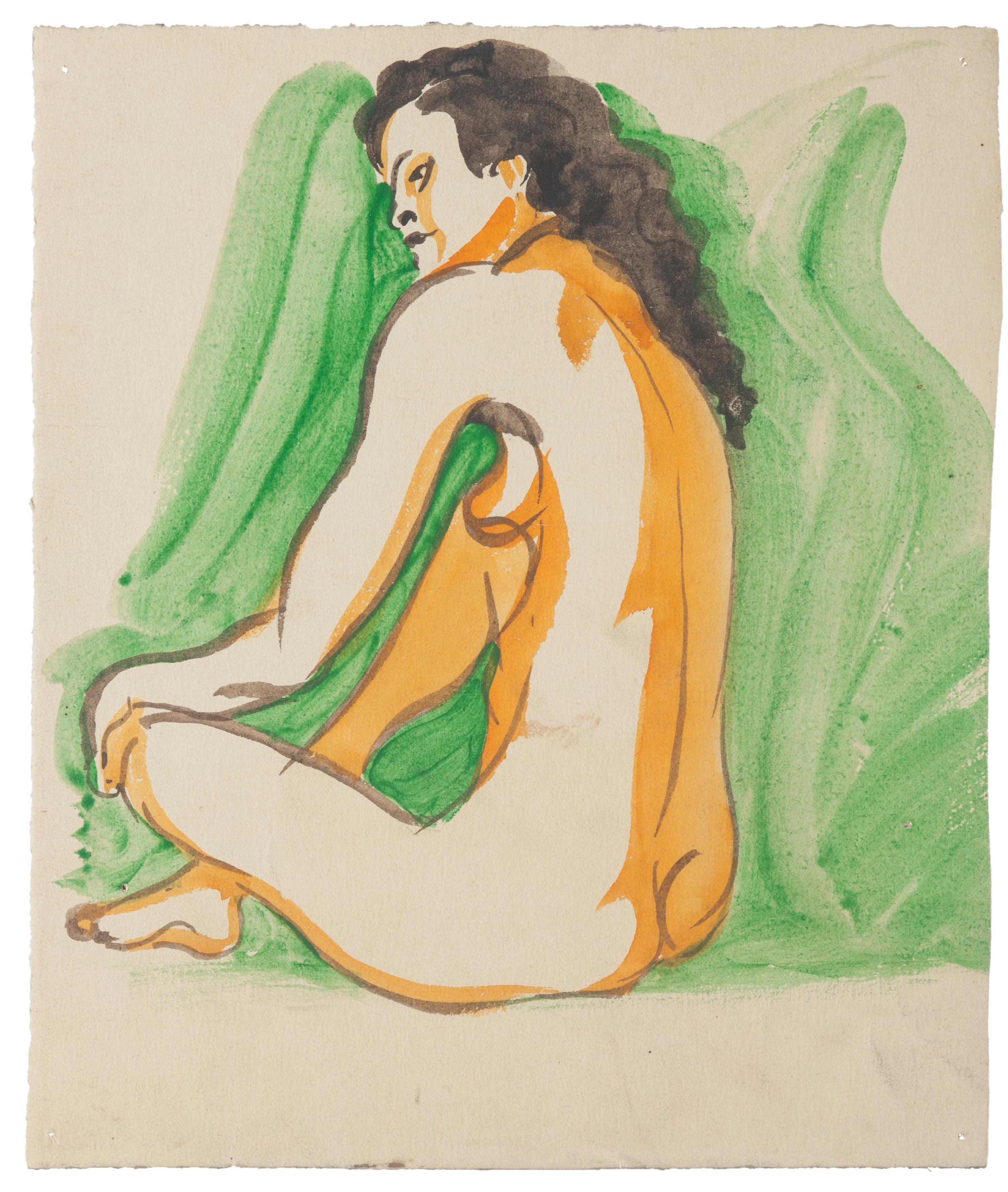 Nude 1935's is an original drawing in tempera and watercolor on paper, realized by Jean Delpech (1988-1916). 

On the back of the drawing, an inscription in French "Le décors Puy de Dame" made in red watercolor, on the lower right.

Sheet dimension: