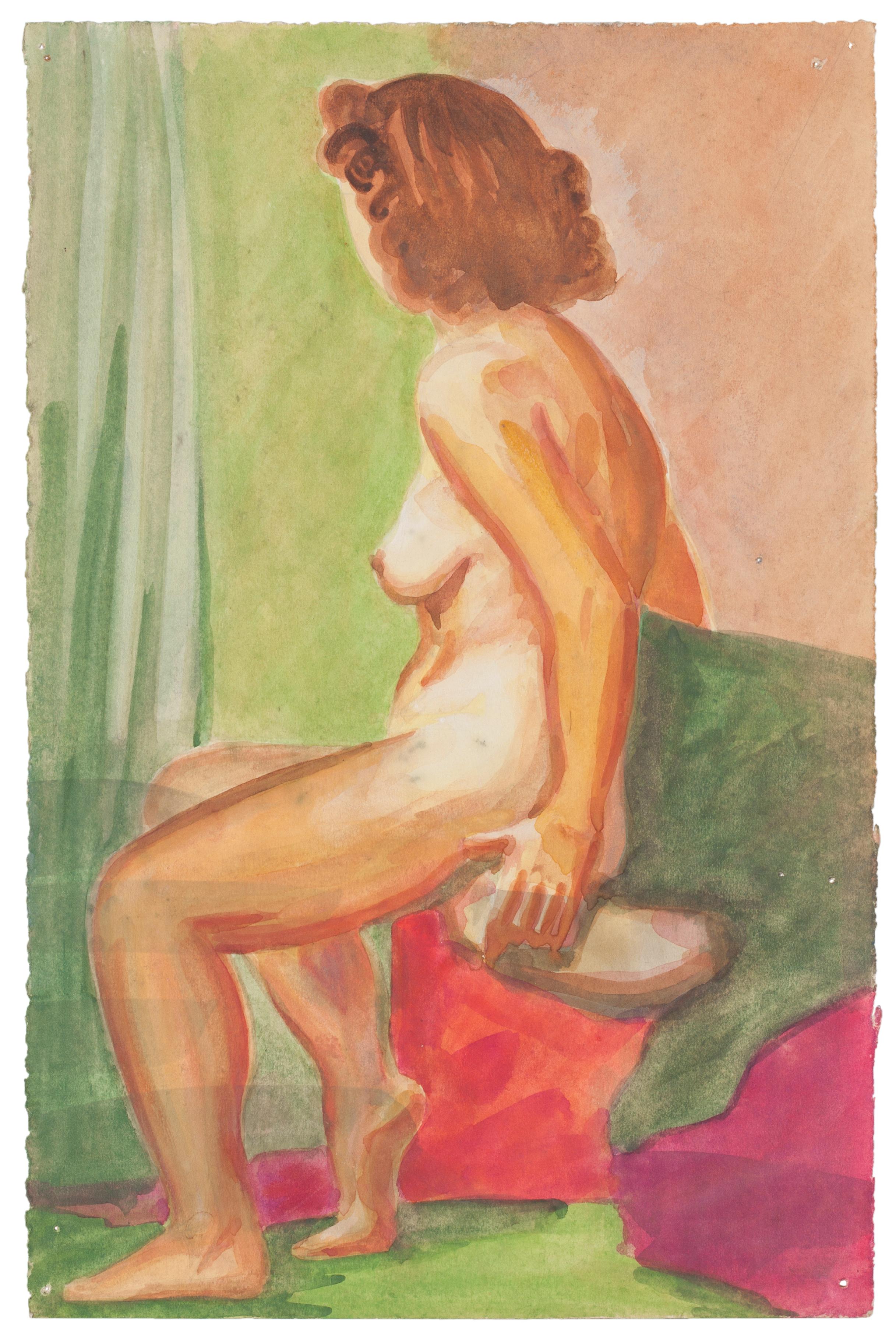 Nude is an original drawing intempera and watercolor a on paper, realized by Jean Delpech (1988-1916). 

Sheet dimension: 27.2 x 17.8 cm.

The artwork represents a nude seated woman, skillfully created, through delicate lines and vivid