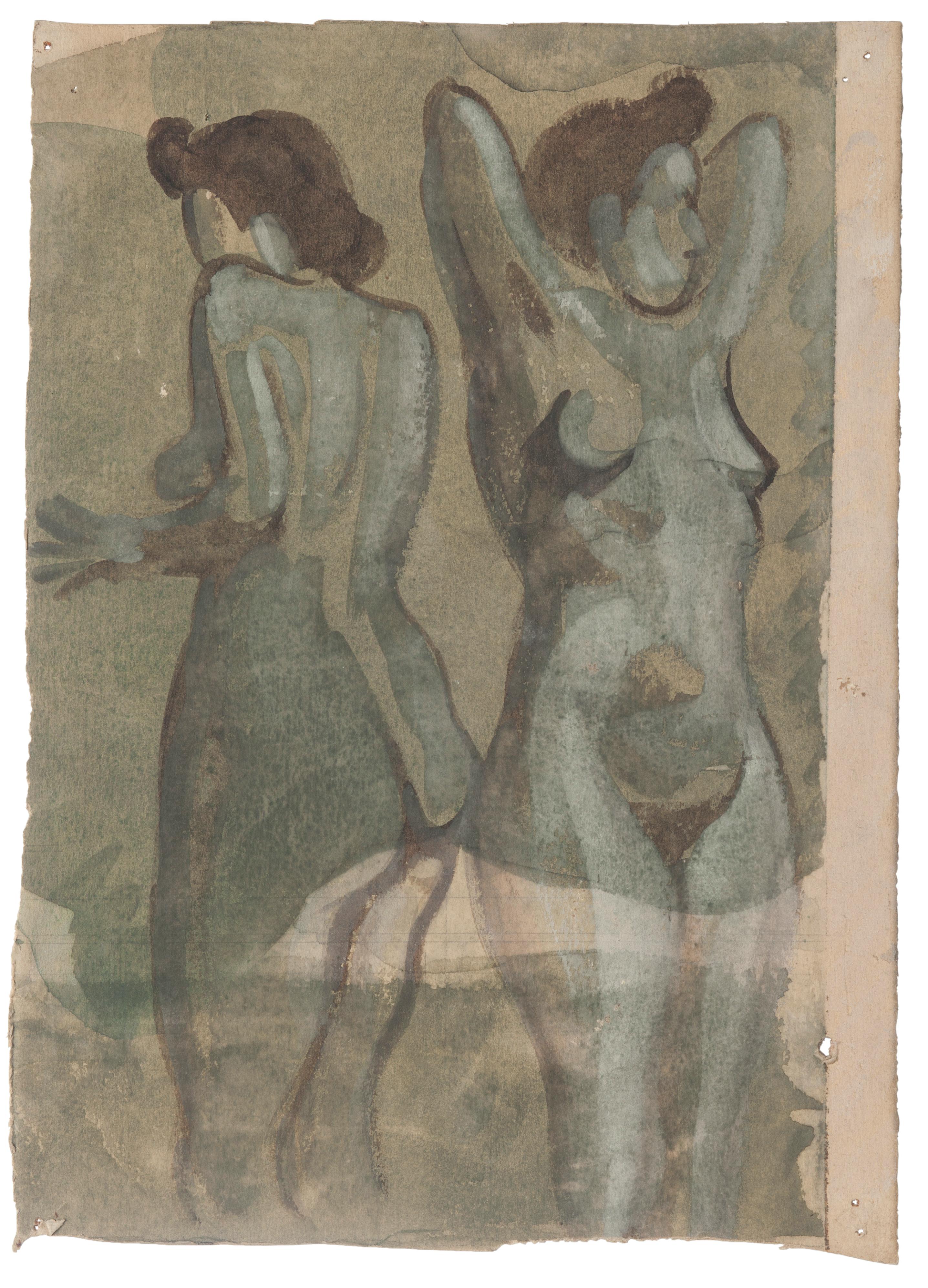 Nude is an original drawing in watercolor a on paper, realized by Jean Delpech (1988-1916). 

Sheet dimension: 24 x 17.2 cm.

The artwork represents two naked women standing, skillfully created, through delicate lines and vivid colors.

Jean-Raymond
