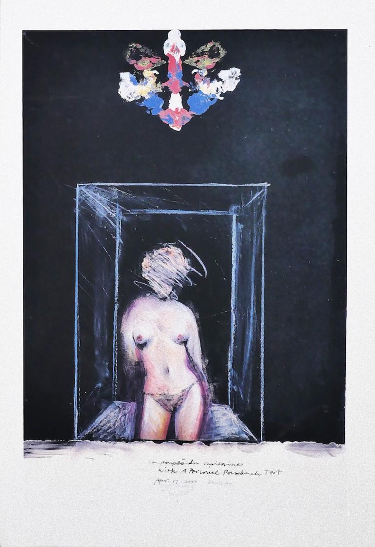 Nude is an original drawing, realized by Sergio Barletta in 1974.

Hand-signed.

In good condition. 

Here the artwork represents the woman sitting in a transparent cube in an unknown situation in darkness the artwork is depicted with soft and