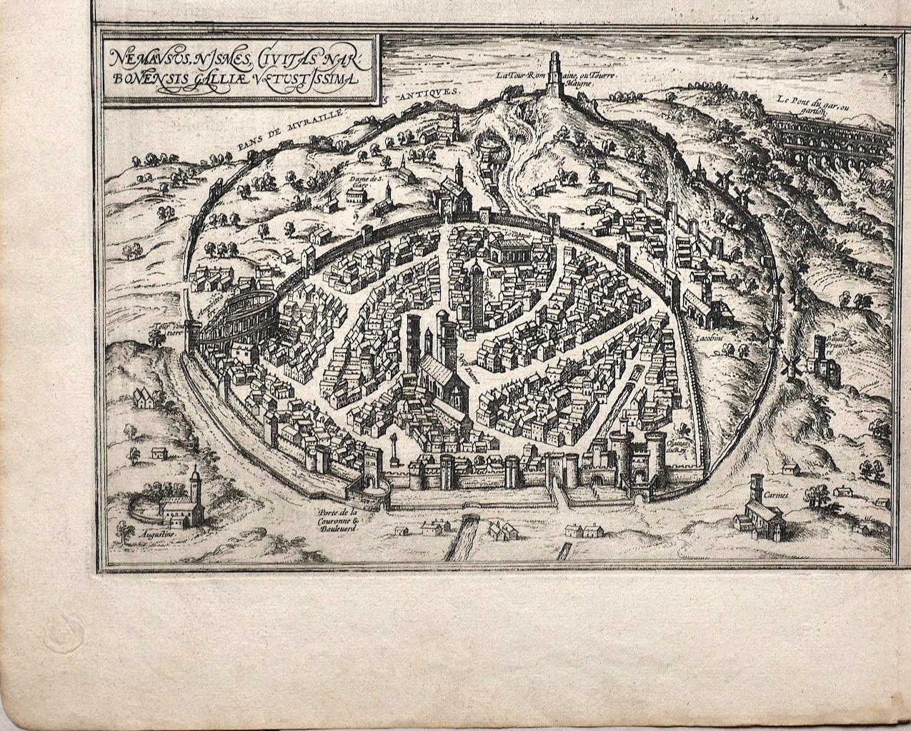 This Map of Nemavsus is an original etching realized by George Braun (1541 – 1622) 

The state of preservation of the artwork is good and aged on the edges of the sheet with a few small pieces cut away. 

Interesting B/W etching on coeval paper,