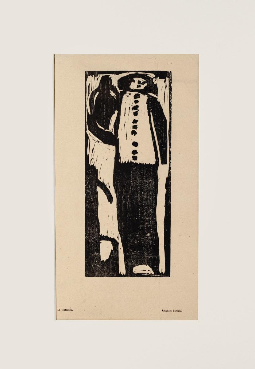 Figure is an original woodcut print  realized by Amadore Porcella. 

The state of preservation of the artwork is very good. 

Passepartout dimension: 52 x 37 cm.

The artwork represents a figure, depicted skillfully through confident strokes and