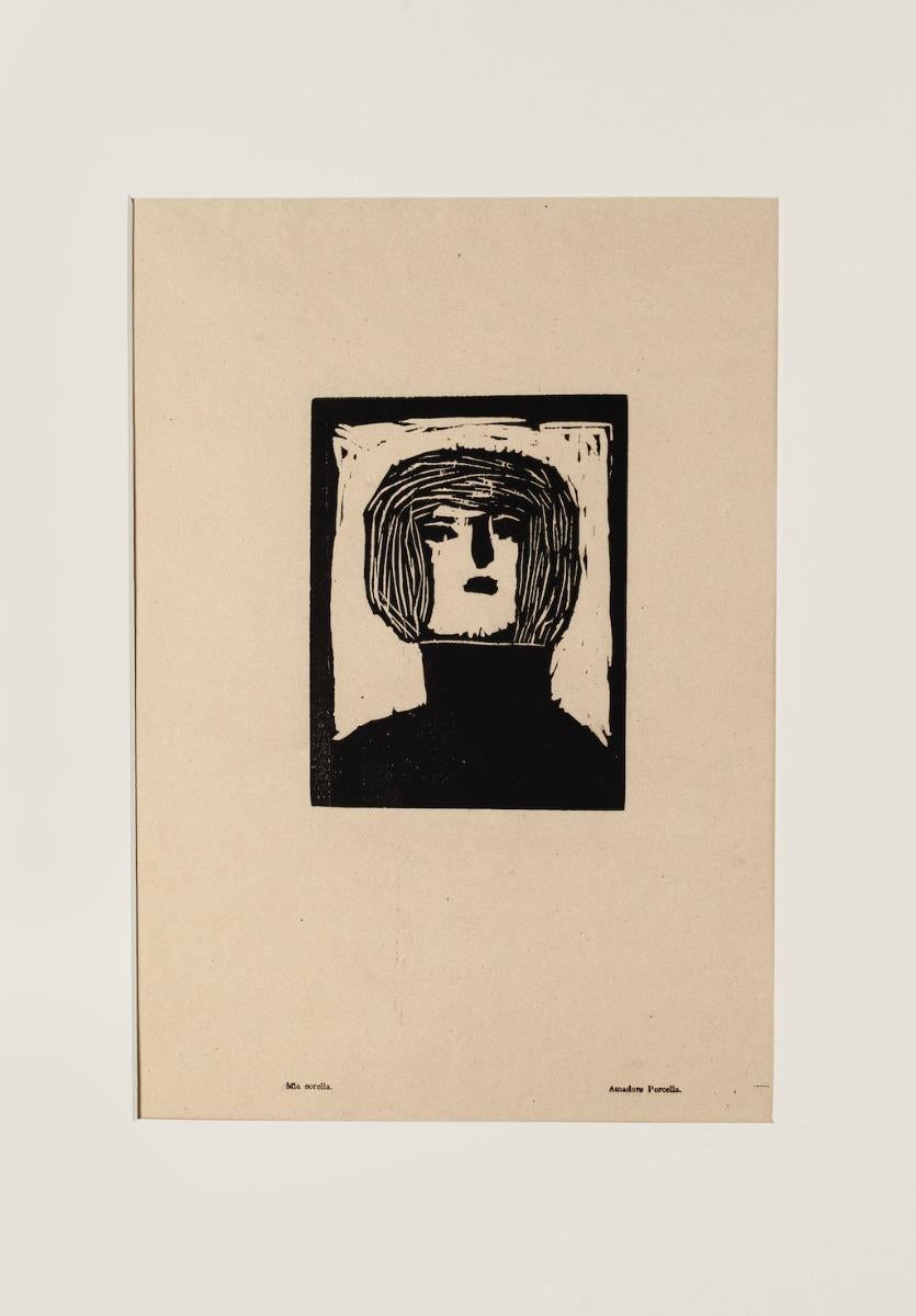 Figure - Original Woodcut Print by Amadore Porcella - Early 20th Century