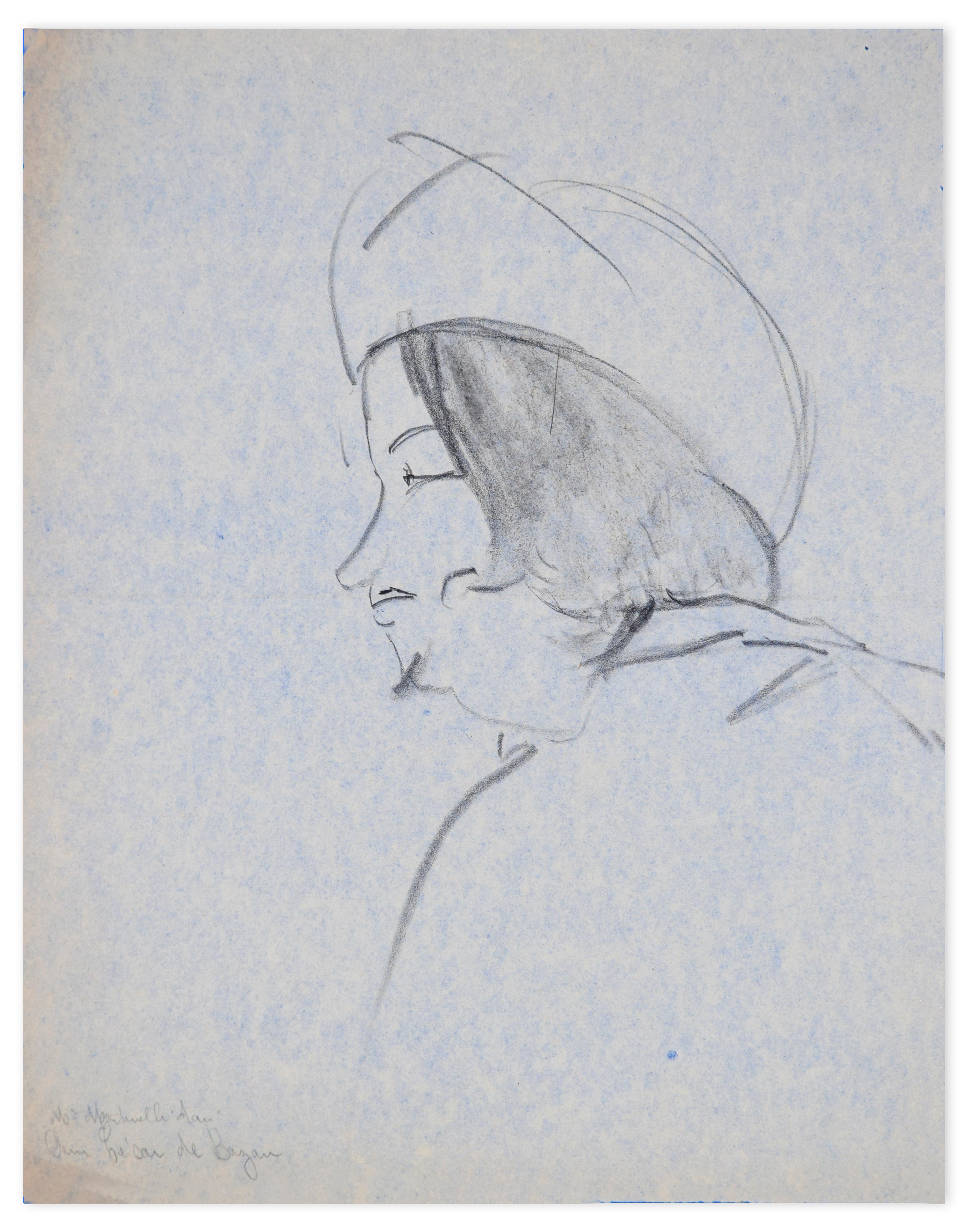 Portrait of Man - Original Charcoal Drawing by Flor David - 1950s
