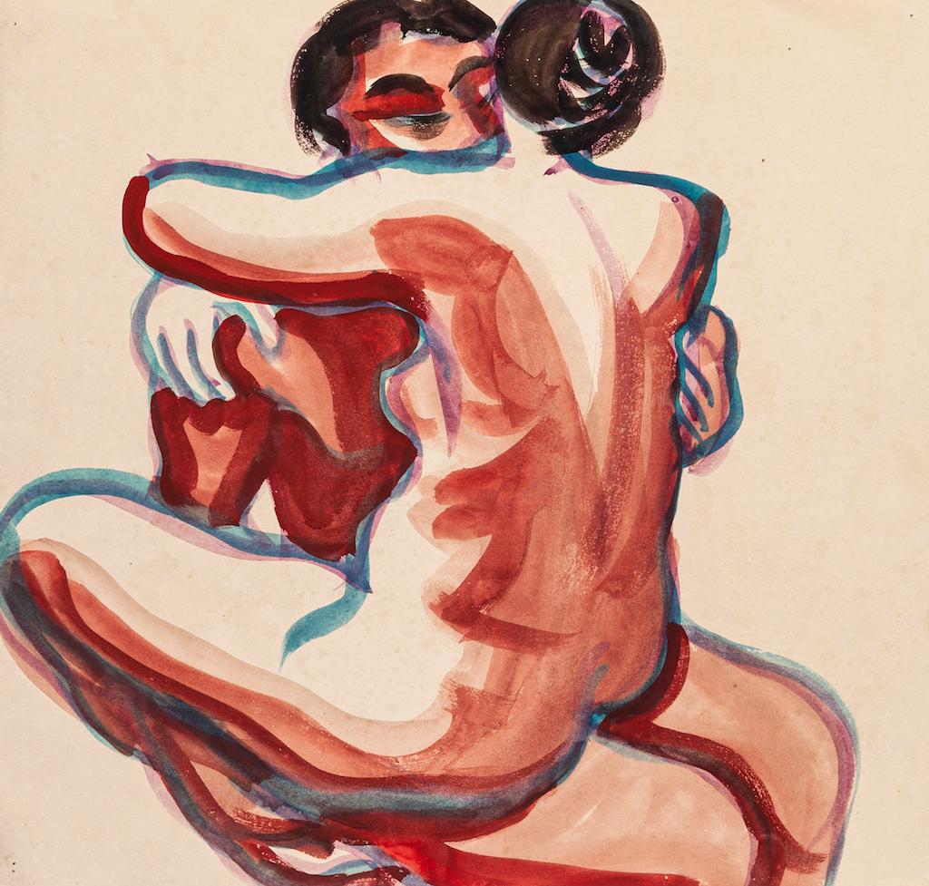 Unknown Nude - Embracing - Original Watercolor - 1950 ca.