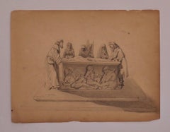 Tomb - Original Drawing on Paper by T. Mayence - 19th century