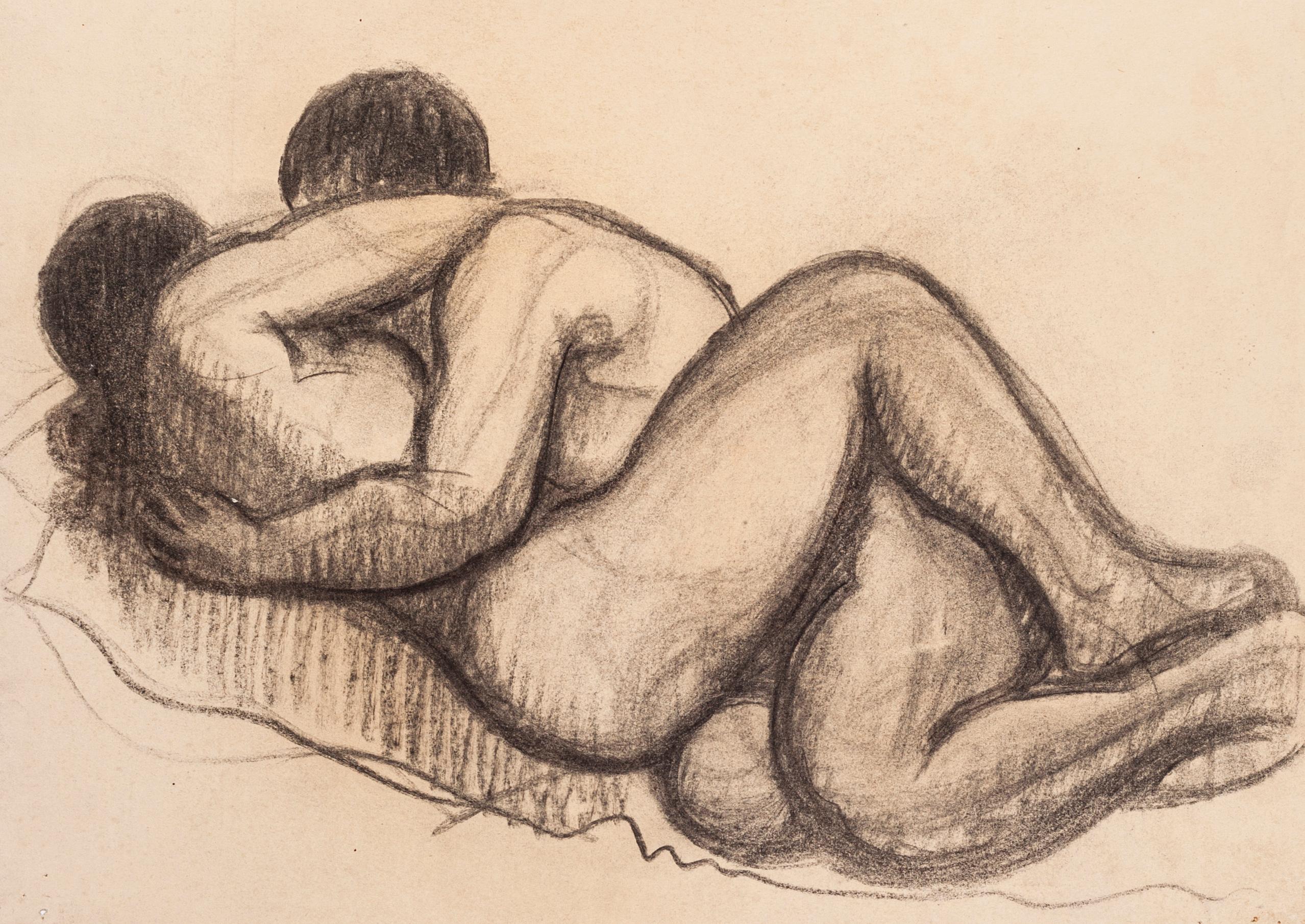 Unknown Nude – Holzkohle Zeichnung von Lovers – 1950 ca.