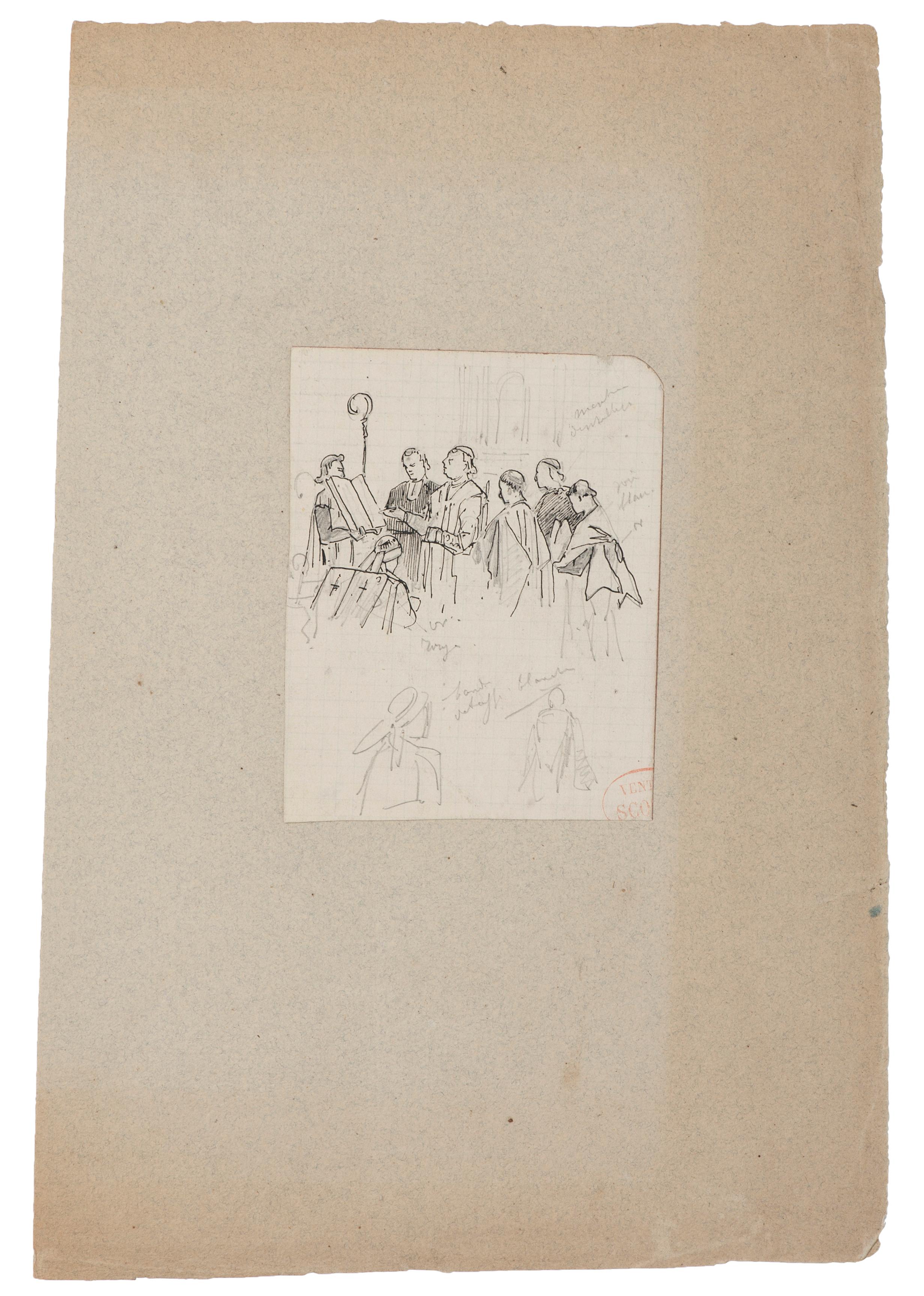 Figurative Art Unknown - Cérémonie religieuse - Crayon sur papier - XXe siècle