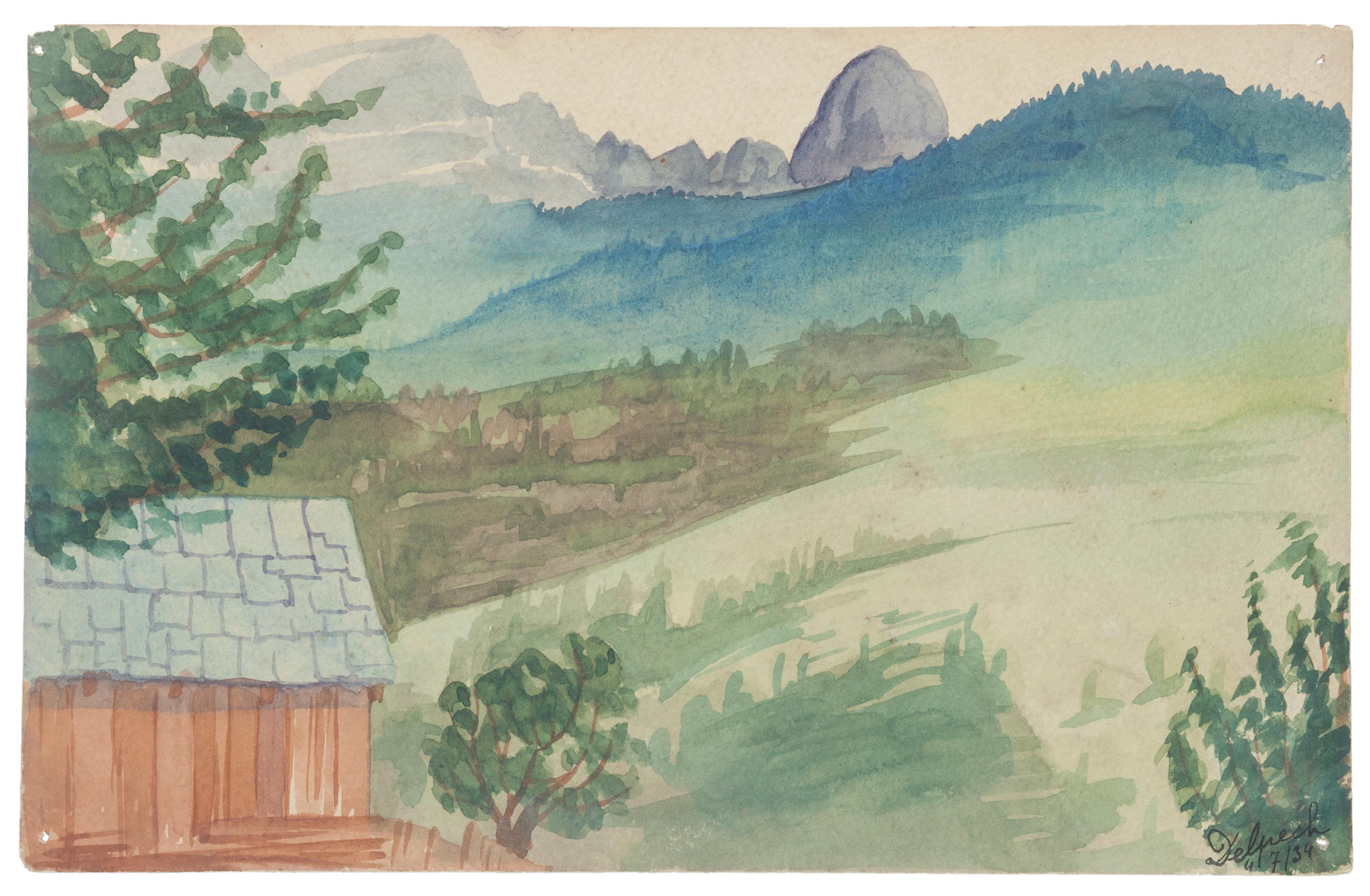 "Landschaft" ist eine Zeichnung in Aquarell auf Papier von Jean Delpech (1916-1988). 
Der Erhaltungszustand der Kunstwerke ist sehr gut.

Blattgröße: 15 x 23,5 cm.

Das Kunstwerk stellt eine wunderschöne Landschaft mit lebendigen Farben dar, die mit