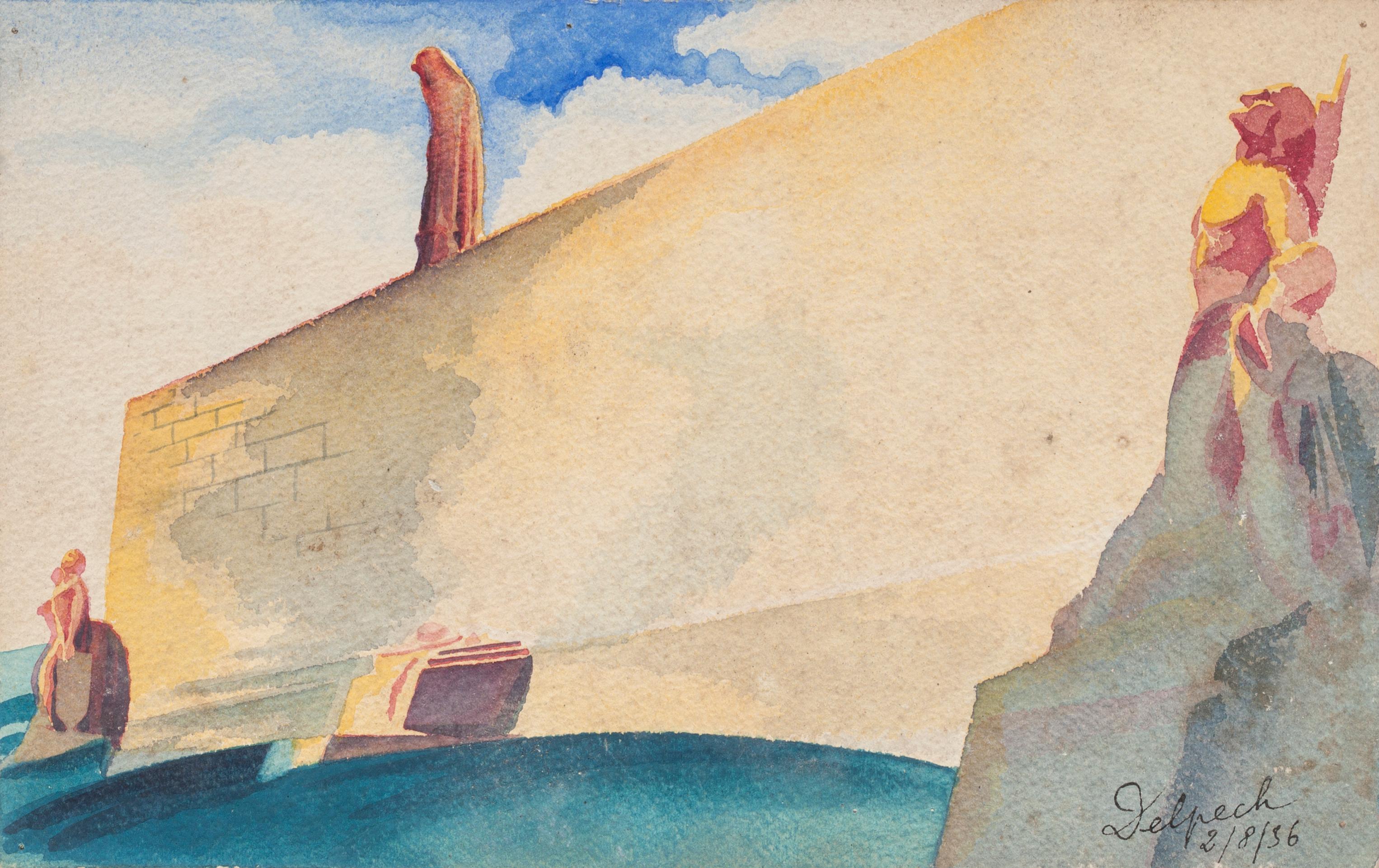 "Composition" is a drawing in watercolor on paper, realized by Jean Delpech (1916-1988). 
The state of preservation of the artwork is very good.

Sheet dimension: 14.7 x 23.3 cm.

The artwork represents beautiful landscape with vivid color, joyfully
