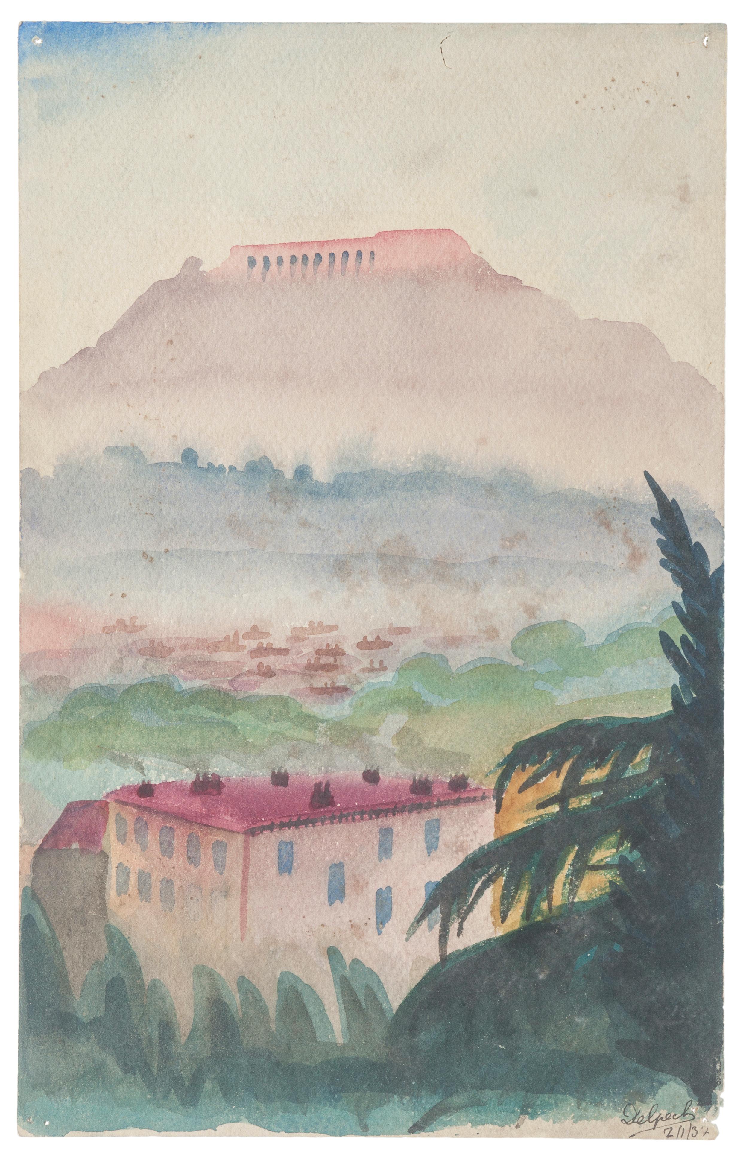 Athens: View of The Akropolis is a drawing in tempera and watercolor on paper, realized by Jean Delpech (1916-1988). 
The state of preservation of the artwork is very good.

Sheet dimension: 23.5 x 15.3 cm.

The artwork represents beautiful