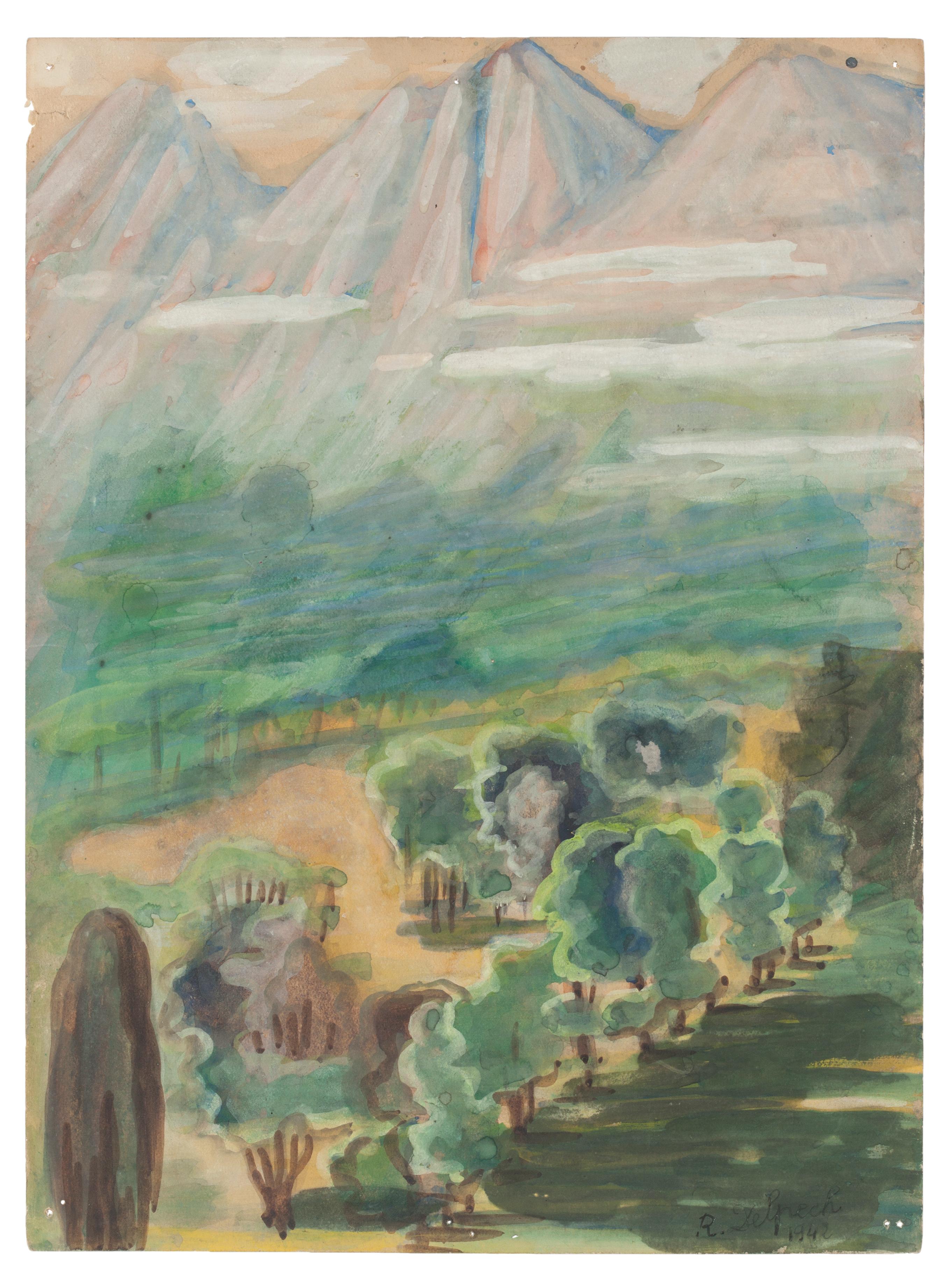 "Landscape" 1940's is a drawing in watercolor on paper, realized by Jean Delpech (1916-1988). 
The state of preservation of the artwork is very good.

Sheet dimension: 26.5 x 19.6  cm.

The artwork represents beautiful landscape with vivid color,