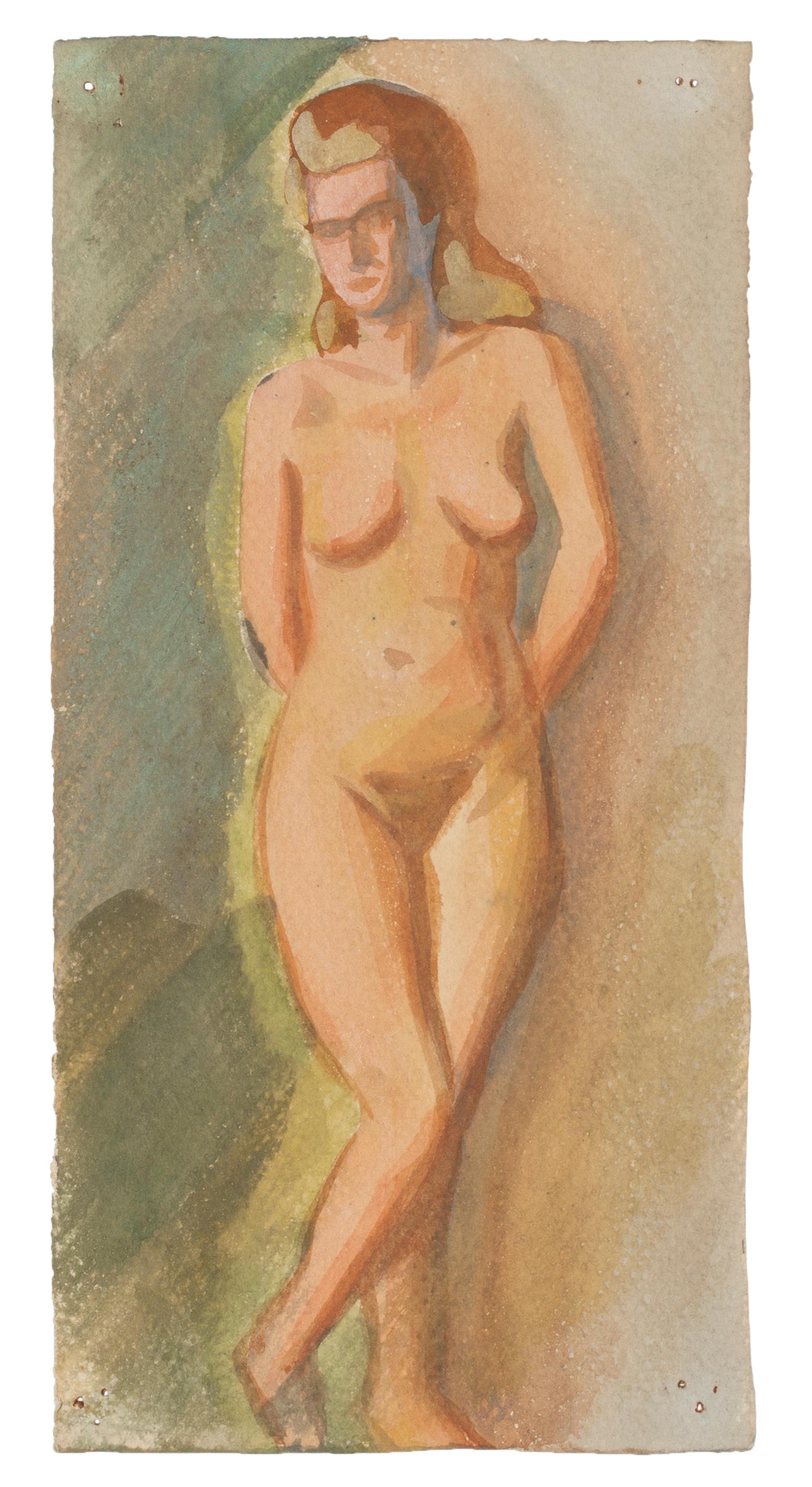 Nude 1940's is a drawing in watercolor a on paper, realized by Jean Delpech (1988-1916). 

Sheet dimension: 20.7 x 10 cm.

The artwork represents a nude woman standing with her hands behind, skillfully created, through delicate lines and vivid