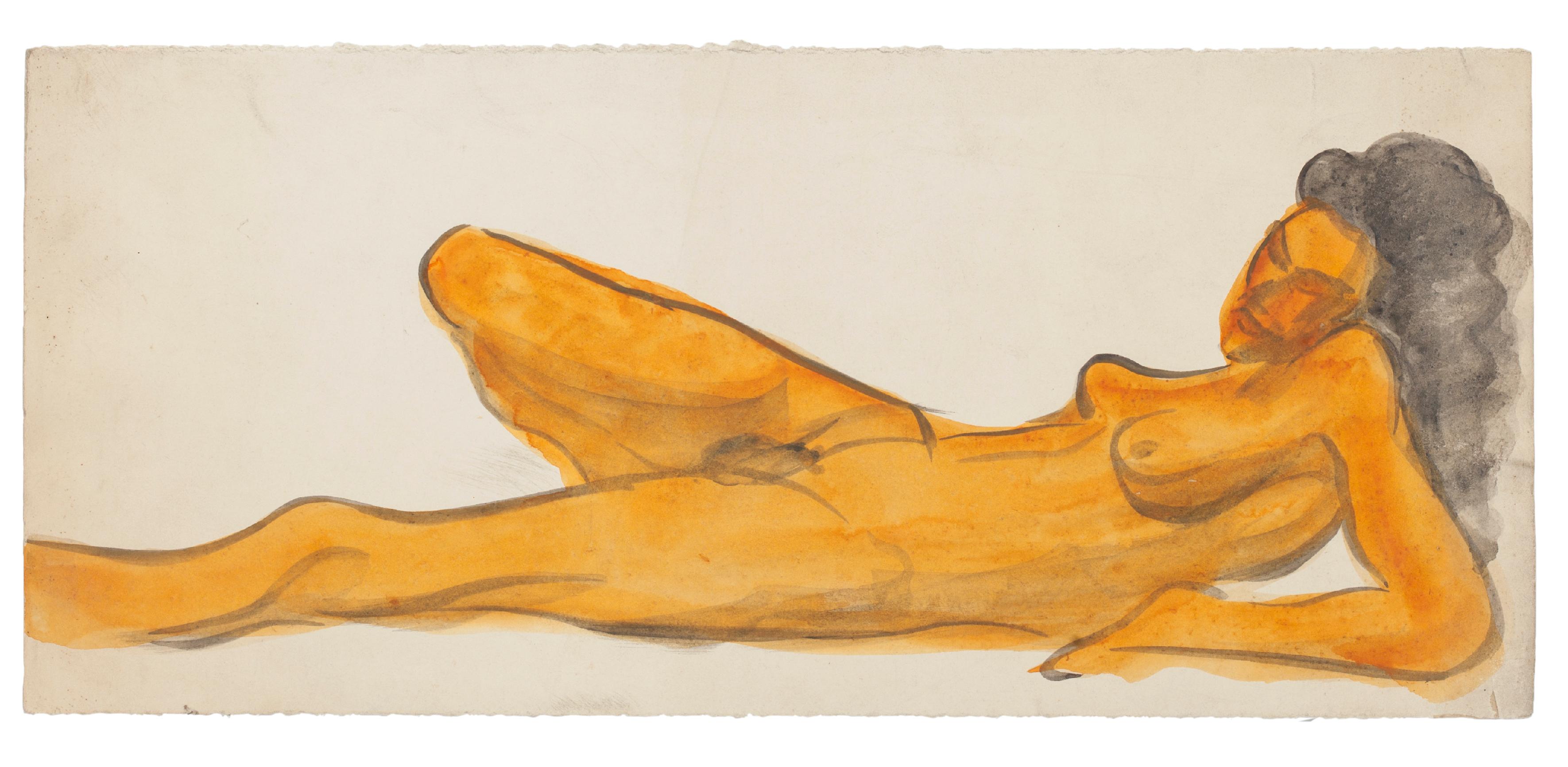 Nude  is an original drawing in tempera and watercolor a on paper, realized by Jean Delpech (1988-1916). 

Sheet dimension: 13 x 29.7 cm.

The artwork represents a nude woman lying down, skillfully created, through delicate lines and vivid