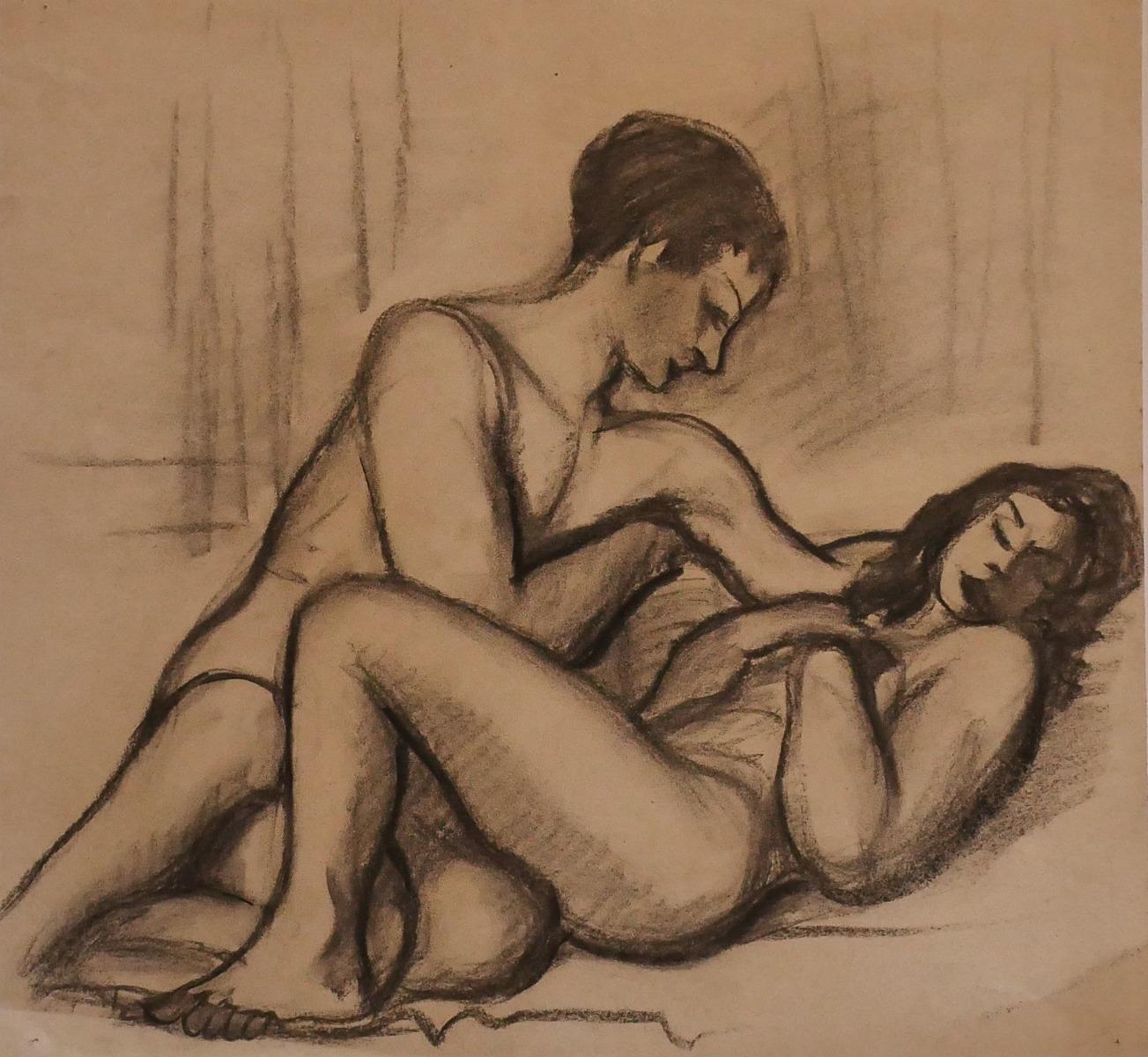 Unknown Figurative Art - Lovers - Charcoal Drawing - 1950 ca.