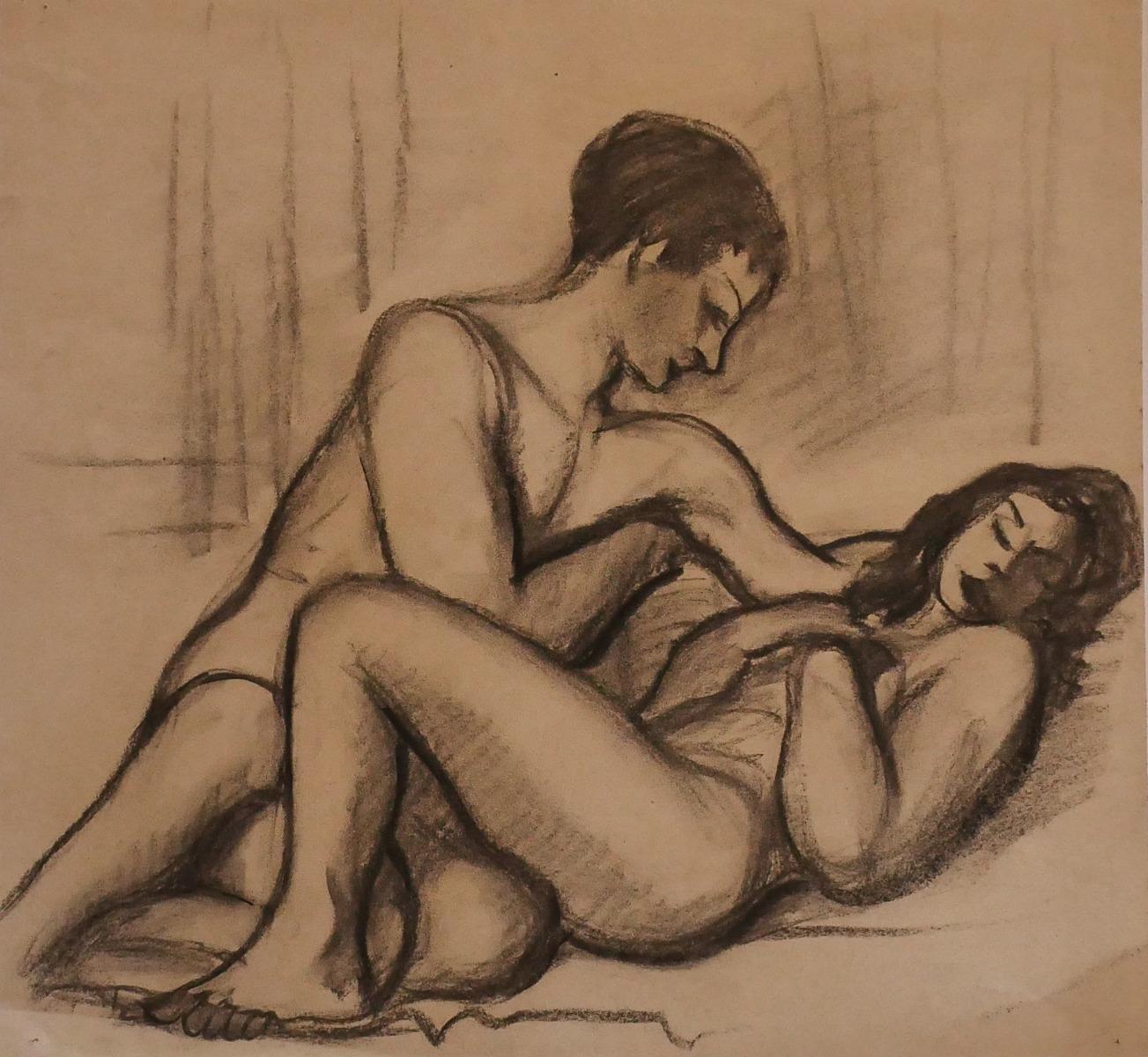 Figurative Art di Unknown - Amanti - Disegno a carboncino - 1950 ca.