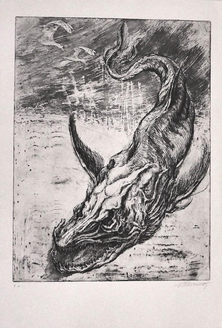 Marcel Chirnoaga Figurative Print - Sea Dragon - Original Etching Print by M. Chirnoaga - 1980s