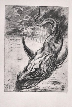 Vintage Sea Dragon - Original Etching Print by M. Chirnoaga - 1980s
