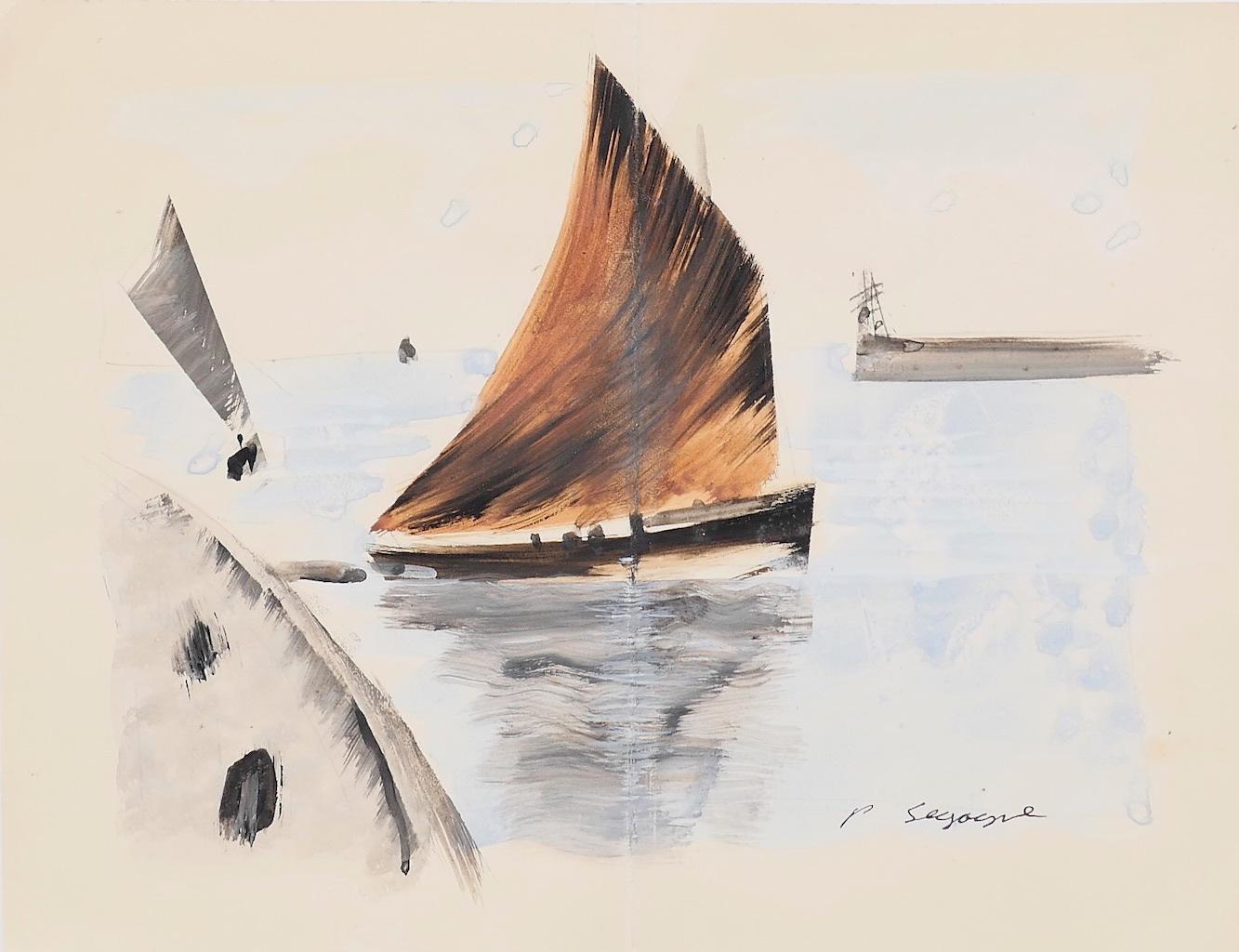 Pierre Segogne Figurative Art - Boat - Original Ink and Watercolor Drawing - 20th Century