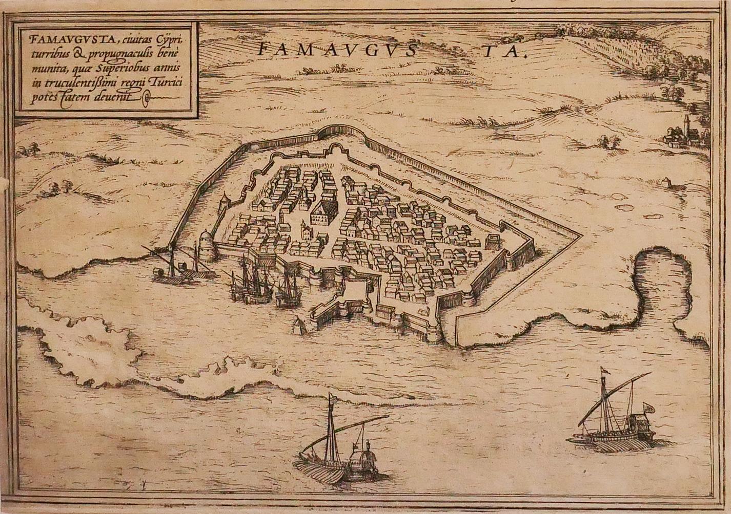 Famavgvsta is an etching realized by George Braun (1541 – 1622) 

The state of preservation of the artwork is good.

Interesting B/W etching on coeval paper, this artwork represents skilfully a detailed view of the city of 

Famavgvsta through