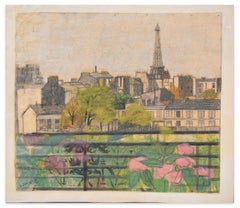 Paysage urbain de Paris - Pastel original sur papier de Jane Levy - 1921