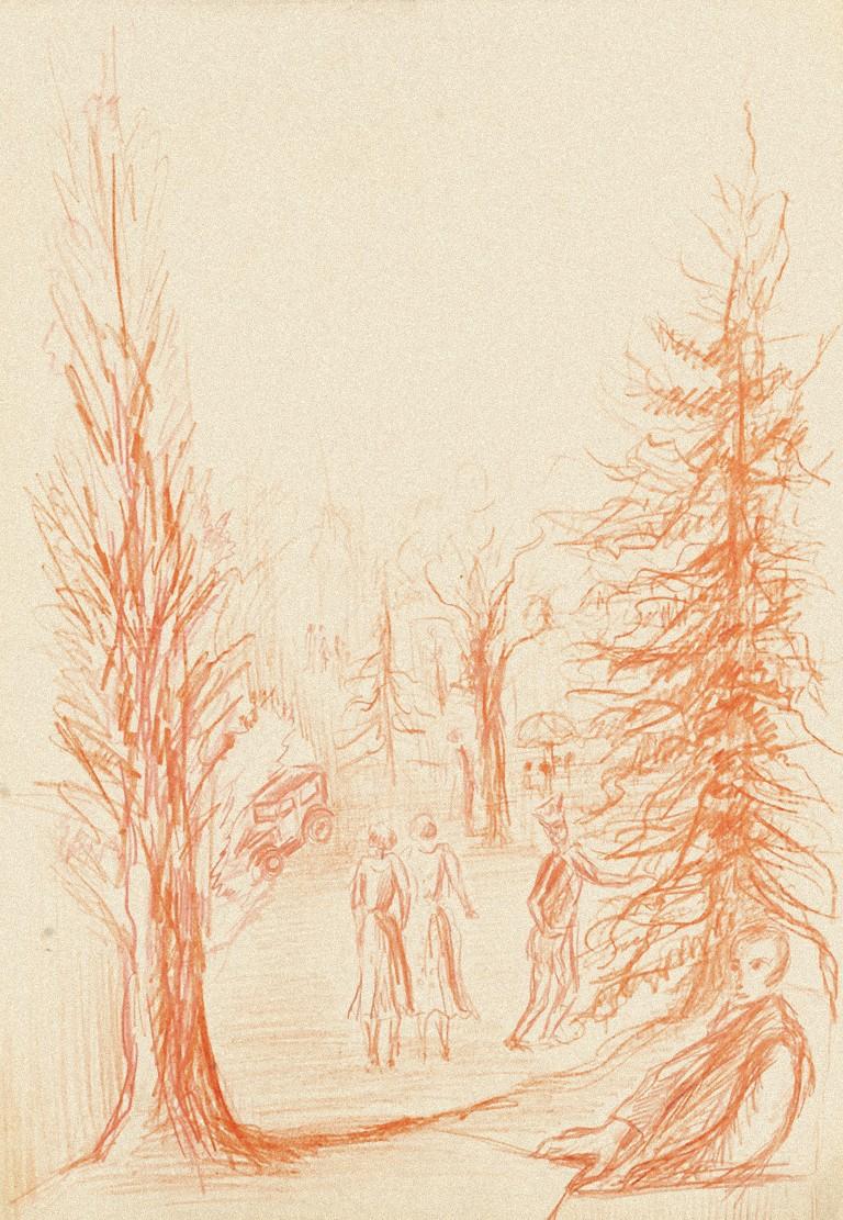 Figures dans la nature est un dessin original orangé au pastel réalisé par Gustave Bourgogne.

L'état de conservation est bon.

Dimension de la feuille : 55 x 38 cm


L'œuvre représente un paysage avec des figures et des arbres, aux couleurs vives