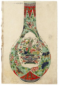 Japanese Vase - Original Watercolor on Ivory Paper - 19th Century