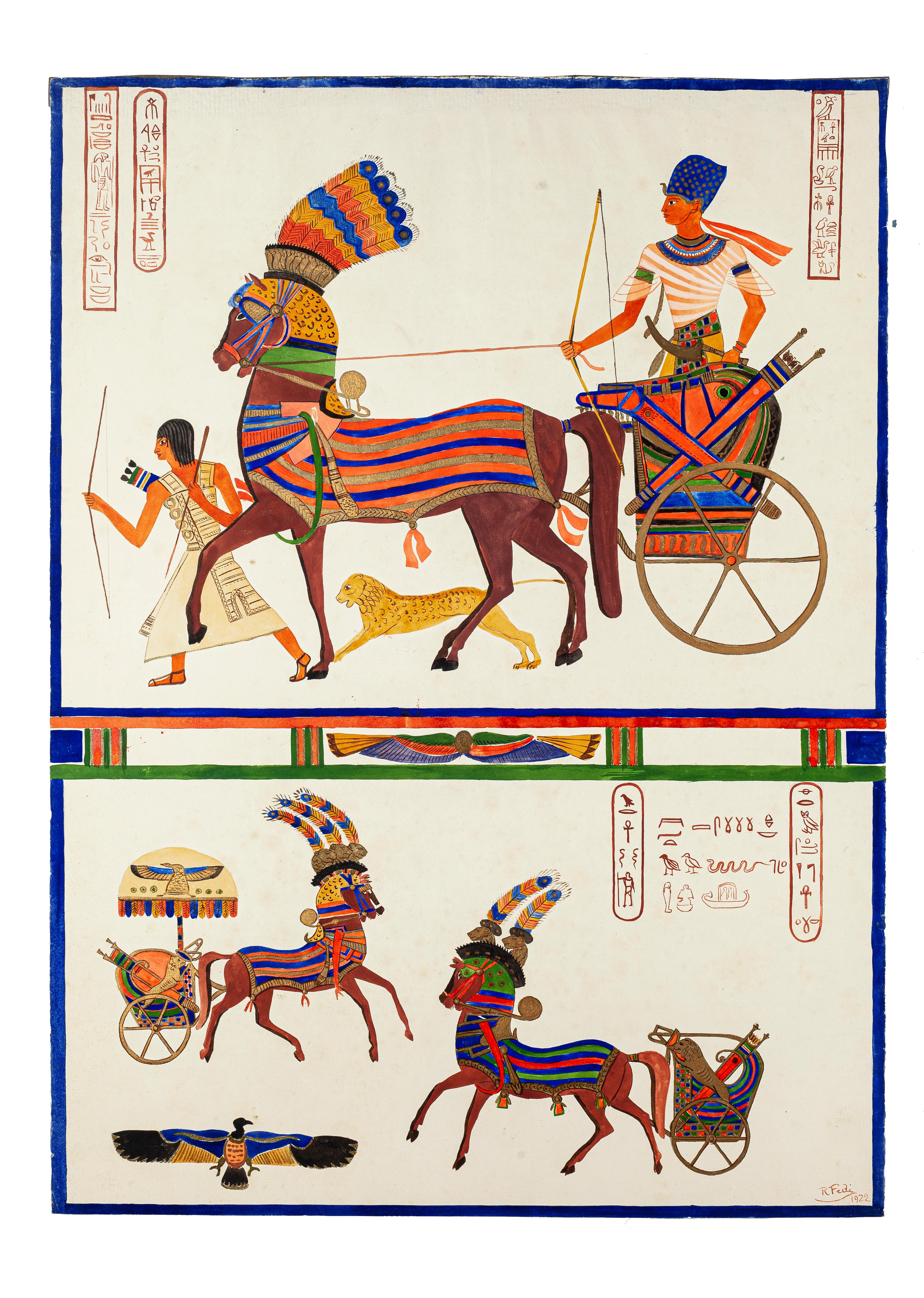 Riccardo Fedi Interior Art - Ancient Egypt - Watercolor by R. Fedi - Early 20th Century