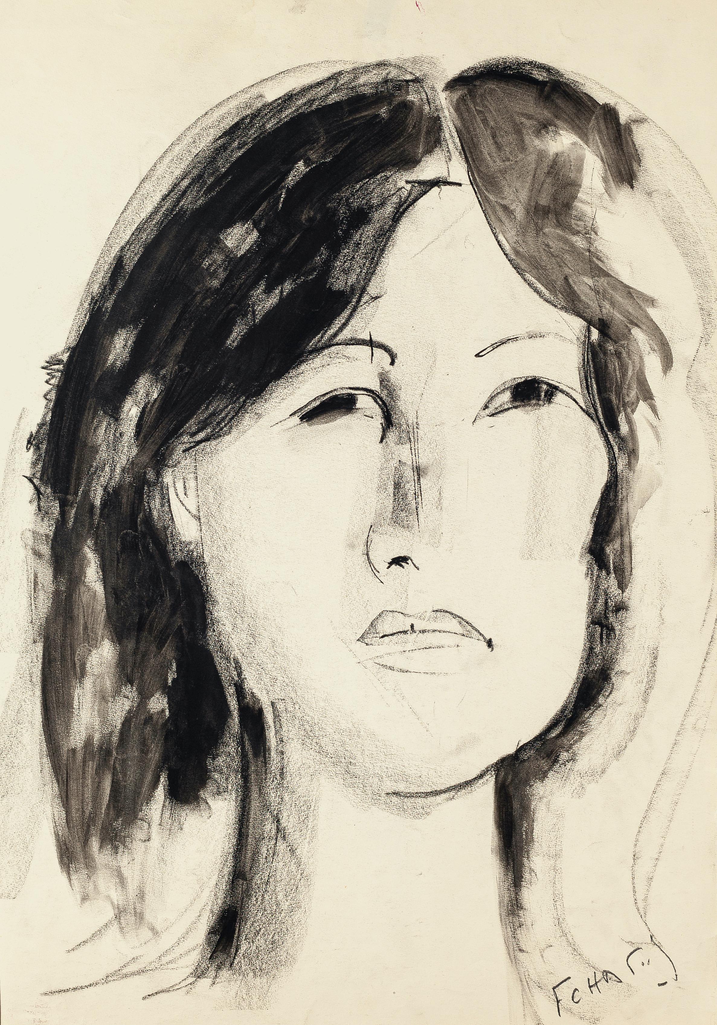 Portrait de femme au fusain et à l'aquarelle d'origine de F. Chapuis, années 1970