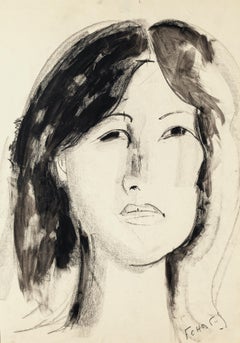 Vintage Portrait of Woman - Original Charcoal and Watercolor Drawing by F. Chapuis-1970s