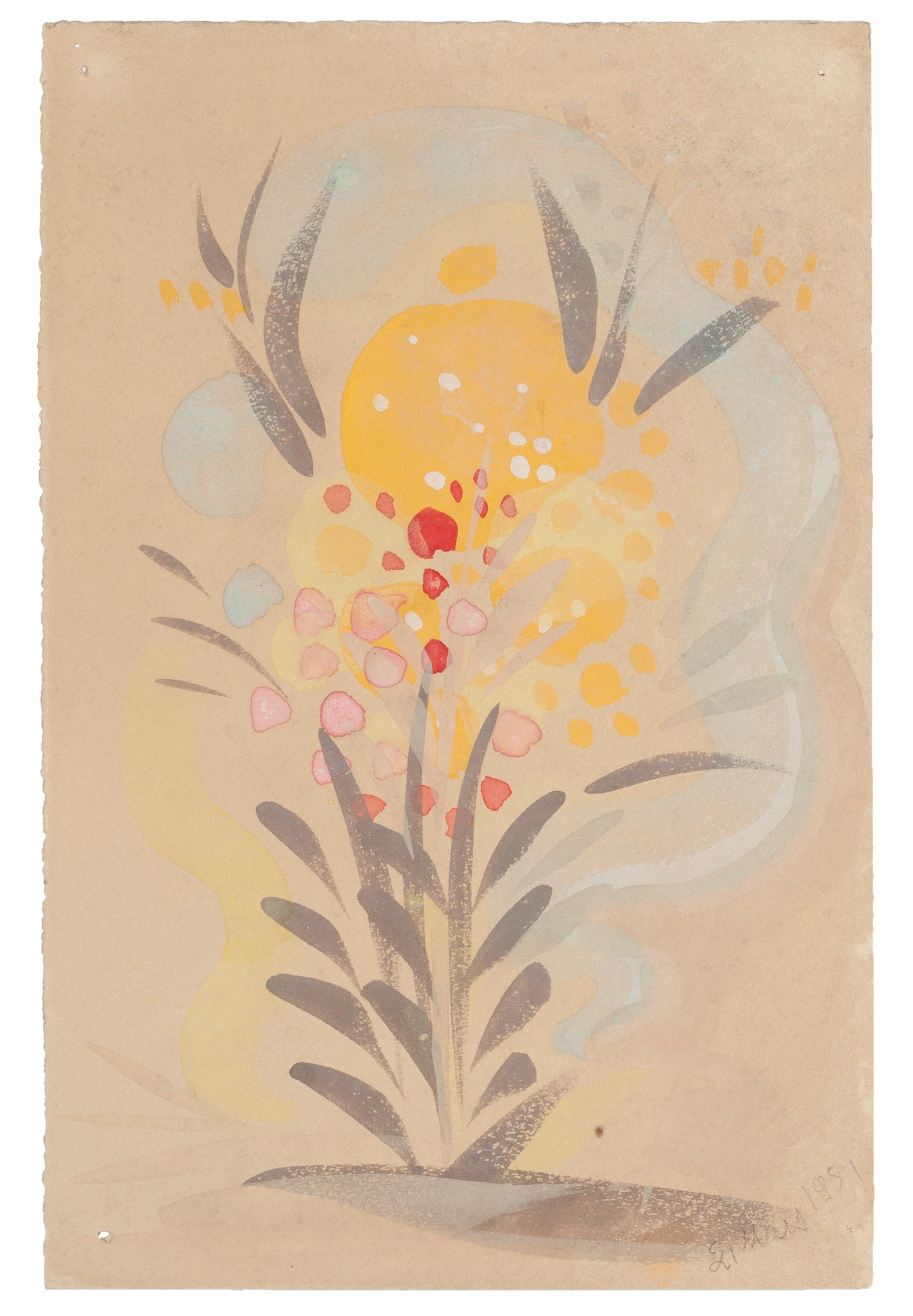 Composition of Flowers 1951  is an original drawing in watercolor on paper, realized by Jean Delpech (1988-1916). 

Sheet dimension: 24.1 x 16 cm.

The artwork represents beautiful composition of flowers, with vivid color, joyfully created, through