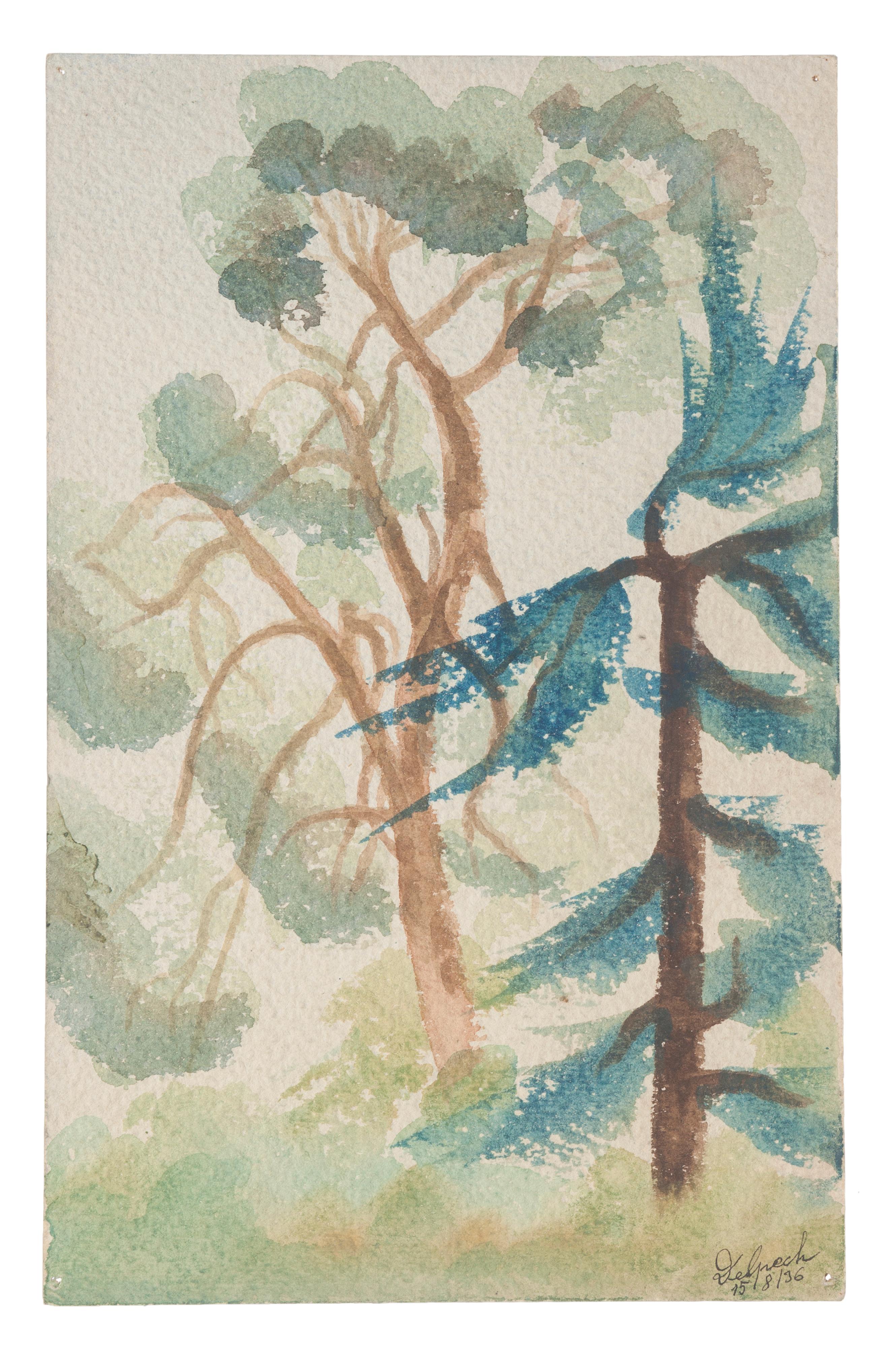 "Vegetation" is an original drawing in watercolor on paper, realized by Jean Delpech (1916-1988). 
The state of preservation of the artwork is very good.

Sheet dimension: 22.8 x 15 cm.

The artwork represents beautiful landscape with vivid color,