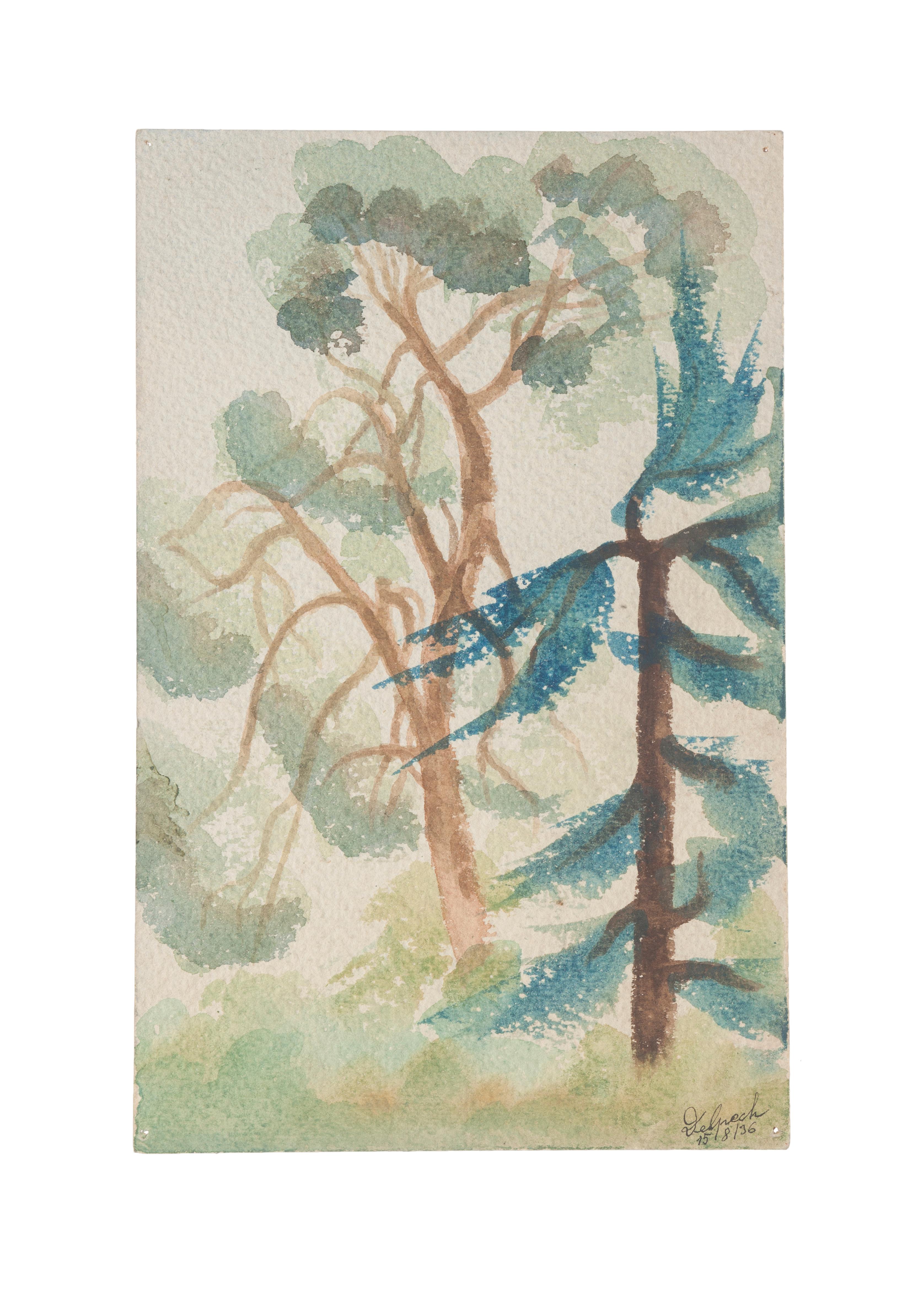 Trees - Original Watercolor on Paper by Jean Delpech - 1936 1