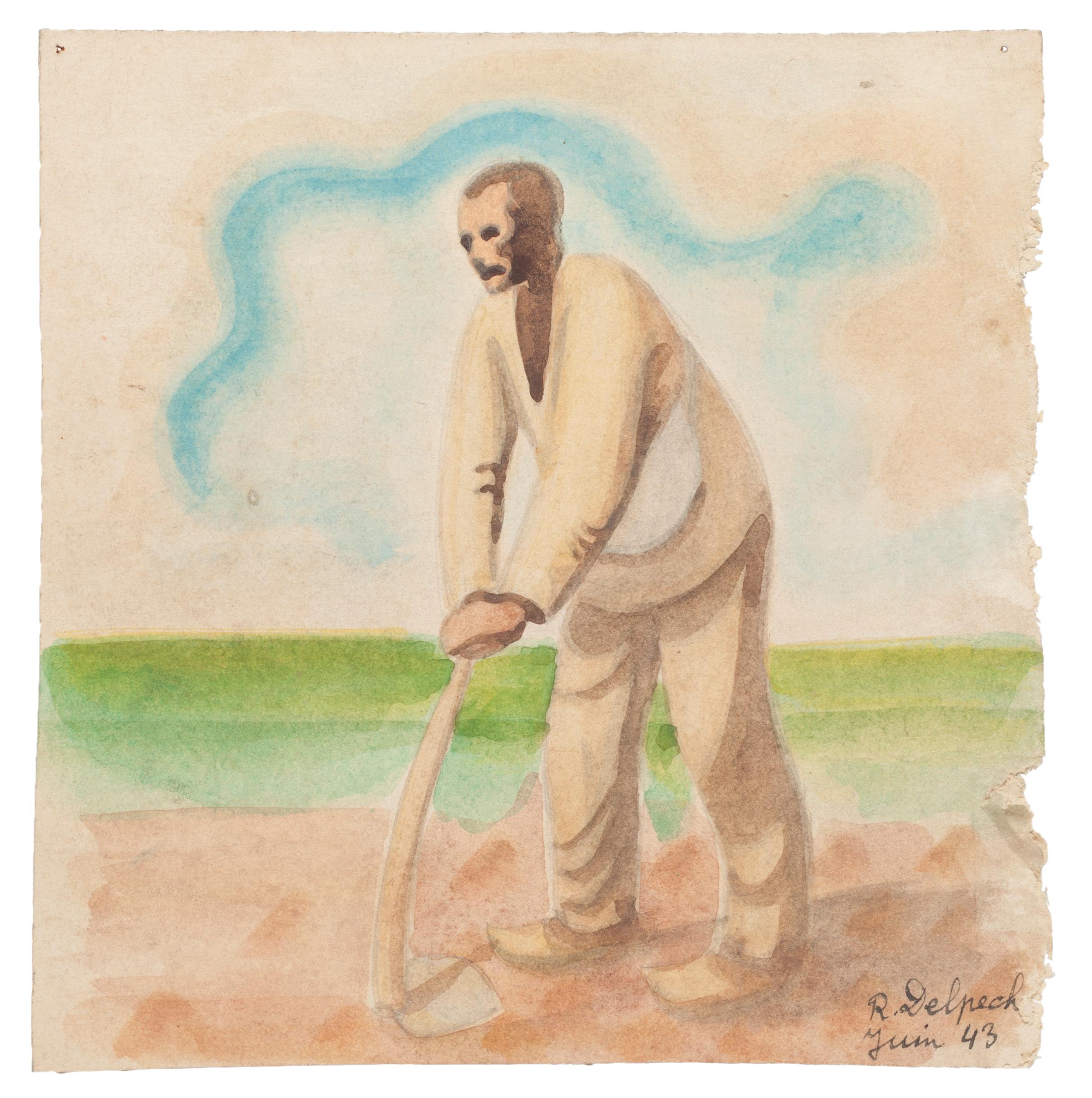 Jean Delpech Figurative Art - Farmer - Original Watercolor on Paper by J. Delpech after Millet - 1943