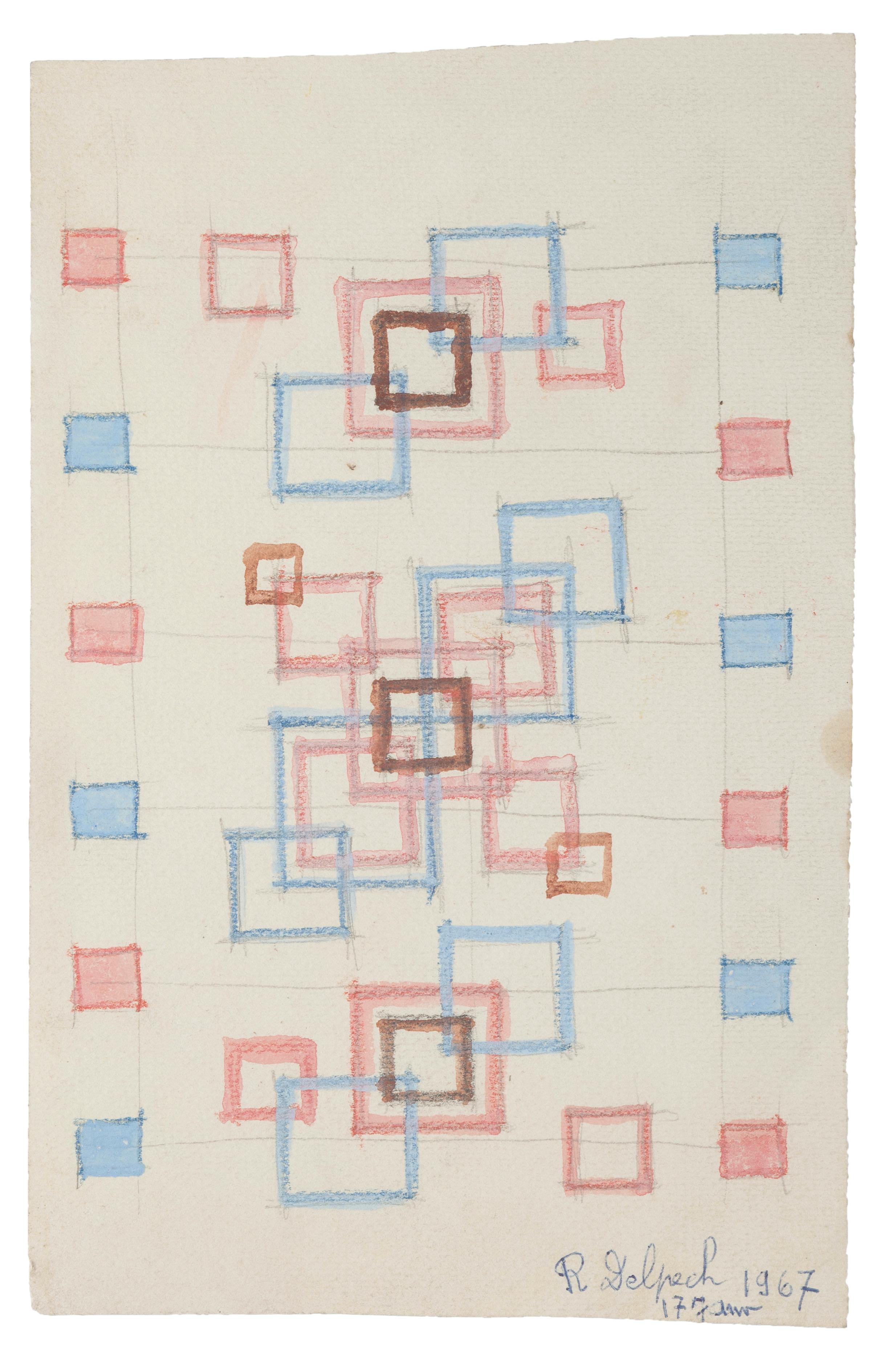Jean Delpech Abstract Drawing -  Geometric Composition - Watercolor on Paper by J.-R. Delpech - 1967