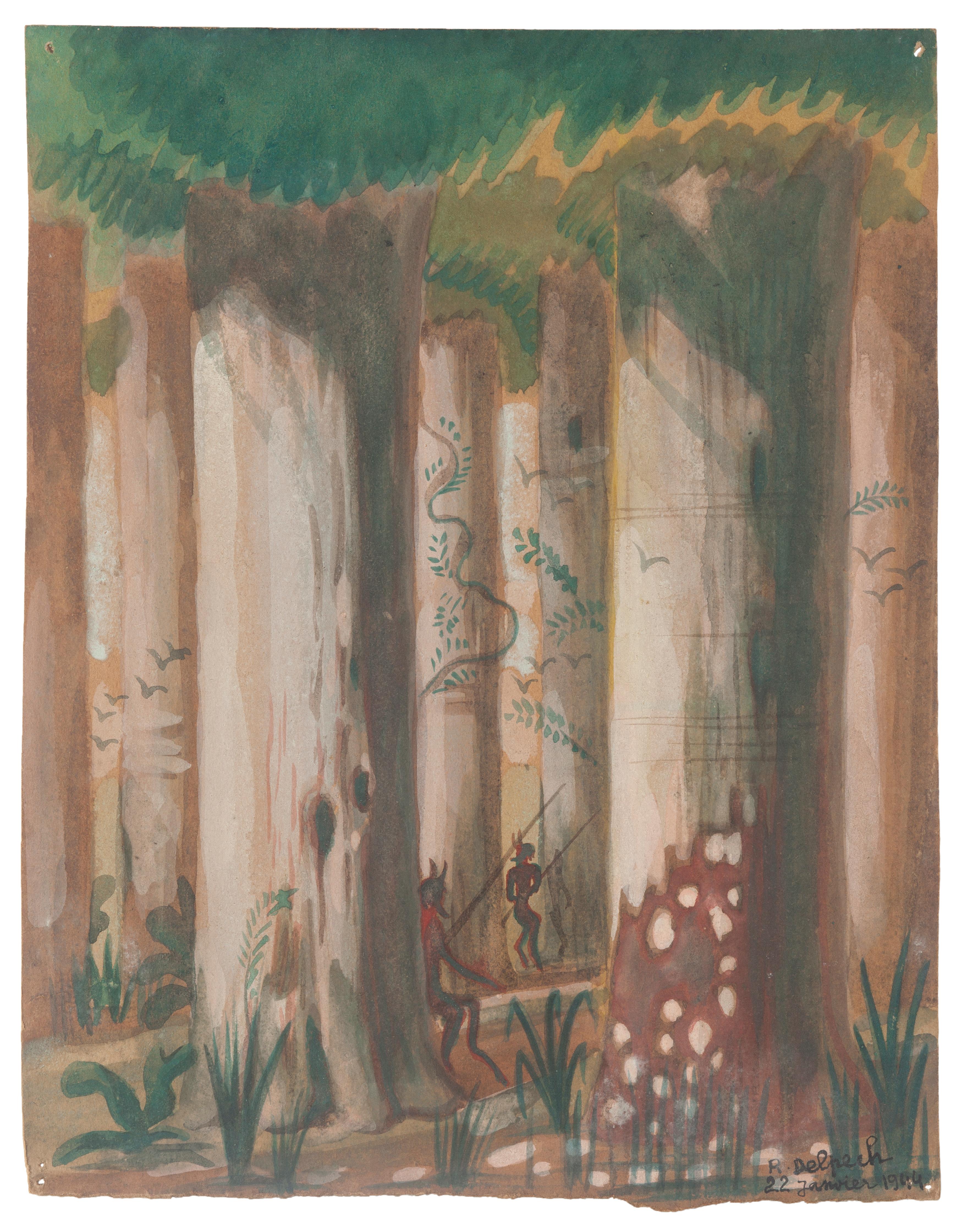 "Forest" 1942's is an original drawing in mixed media on paper, realized by Jean Delpech (1916-1988). 
The state of preservation of the artwork is very good.

Sheet dimension: 26.5 x 21 cm.

The artwork represents beautiful forest with vivid color,