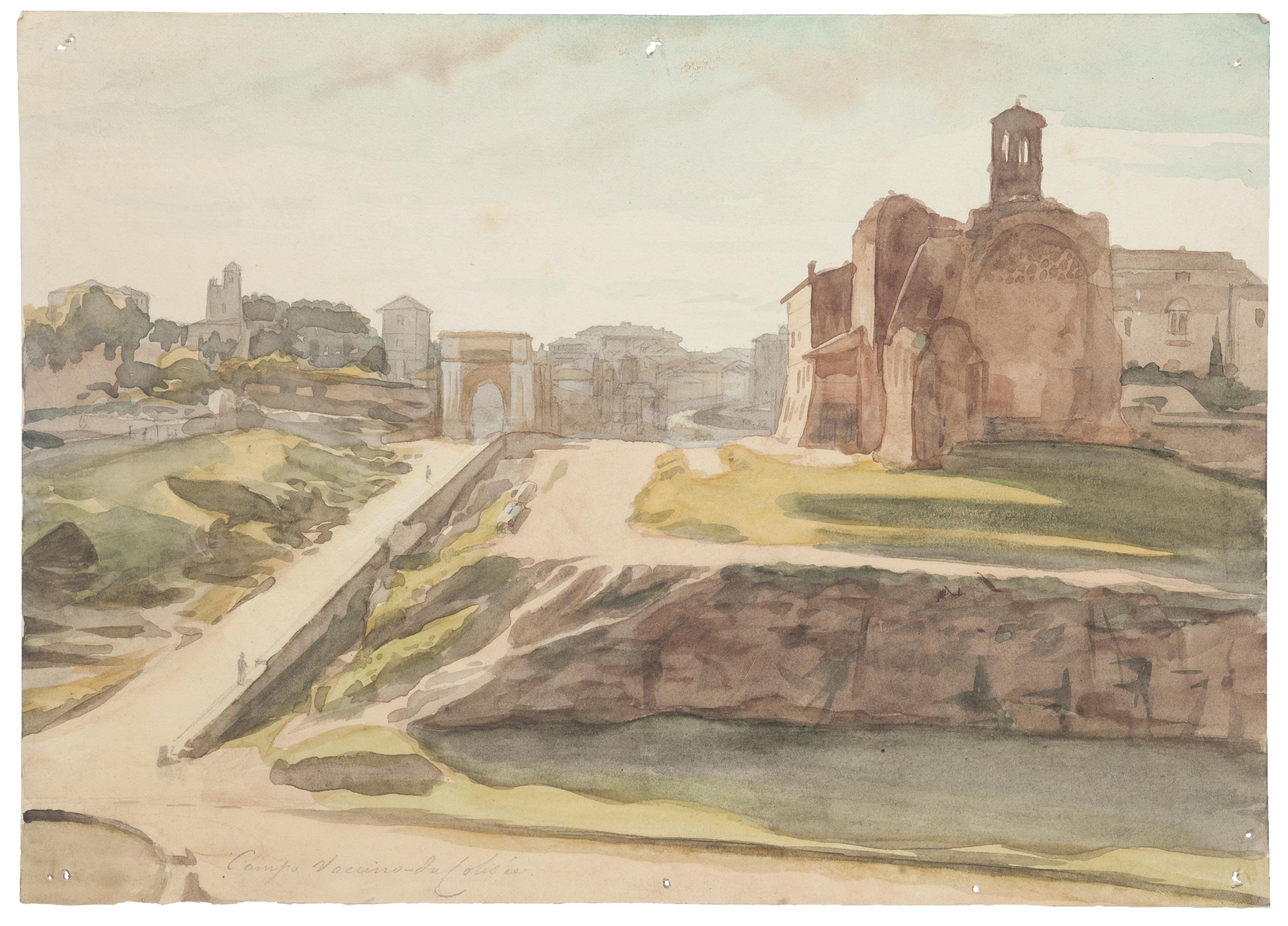 "View of Ancient Rome from the Colosseum" is an original drawing in mixed media on paper, realized by Jean Delpech (1916-1988). 
The state of preservation of the artwork is very good.

Sheet dimension: 19 x 27 cm.

The artwork represents beautiful