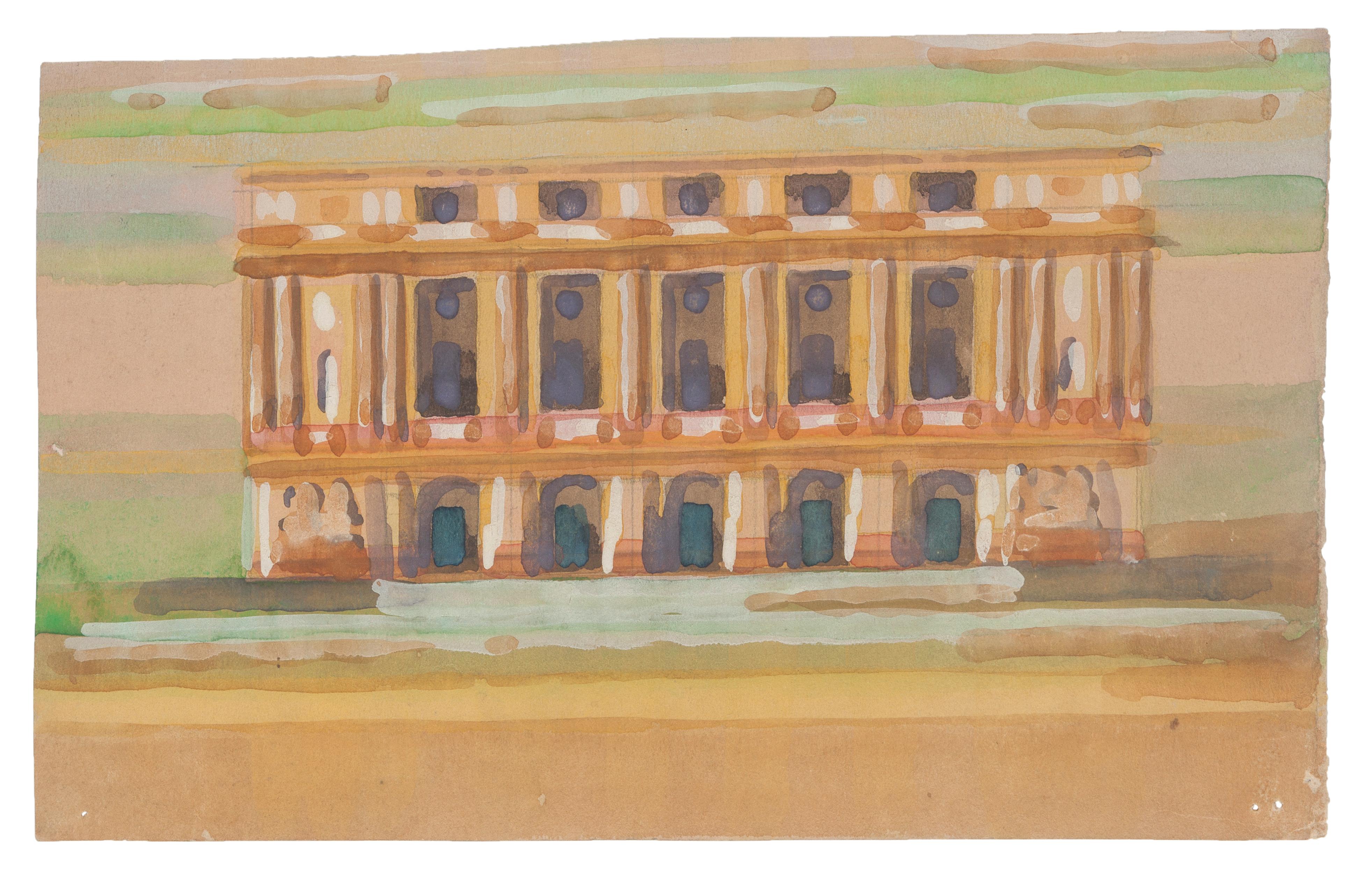"Fantastic Building" is an original drawing in watercolor on paper, realized by Jean Delpech (1916-1988). 
The state of preservation of the artwork is very good.

Sheet dimension: 14 x 23 cm.

The artwork represents beautiful Fantastic Construction