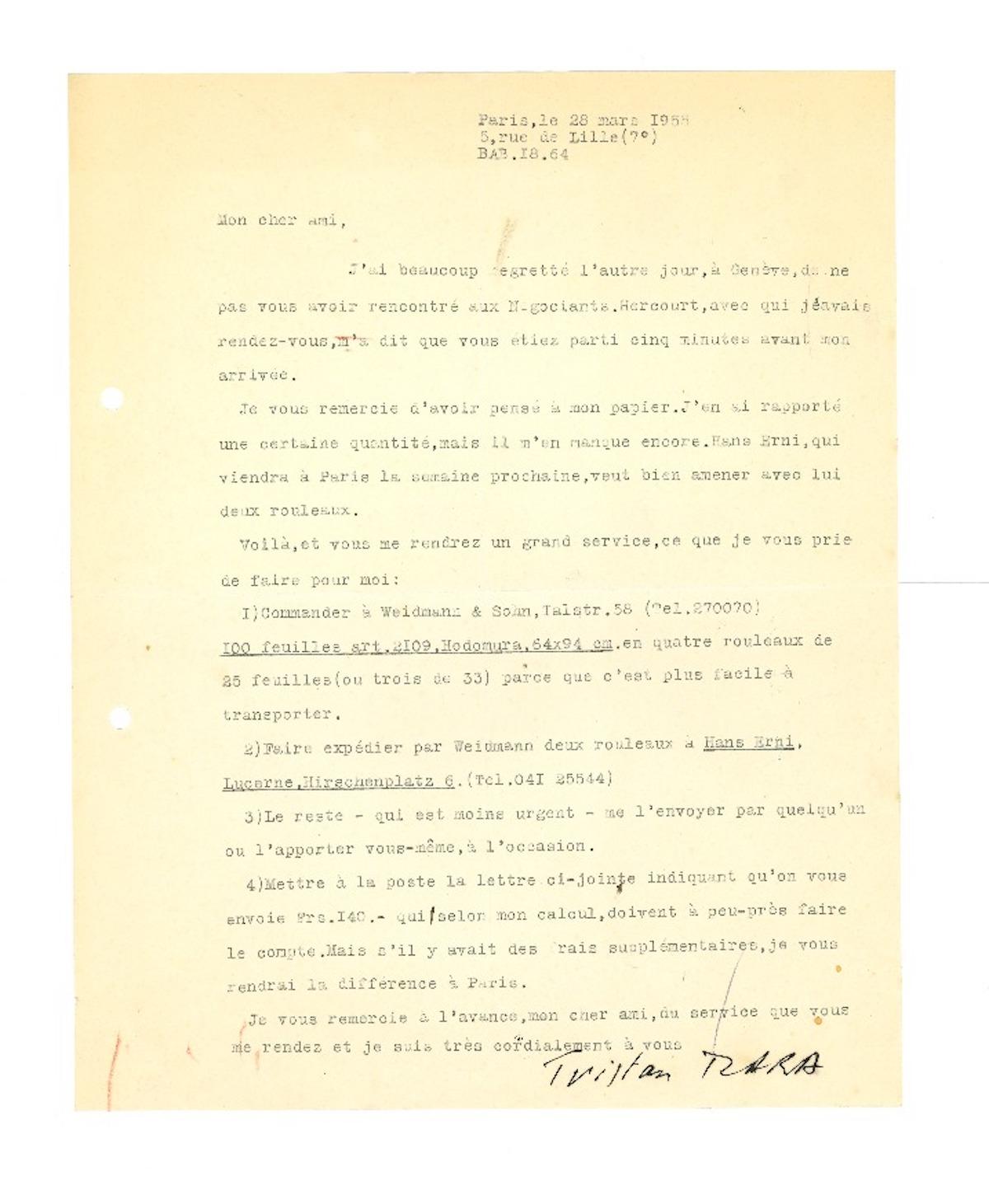 Tristan Tzara's Letter - 1955