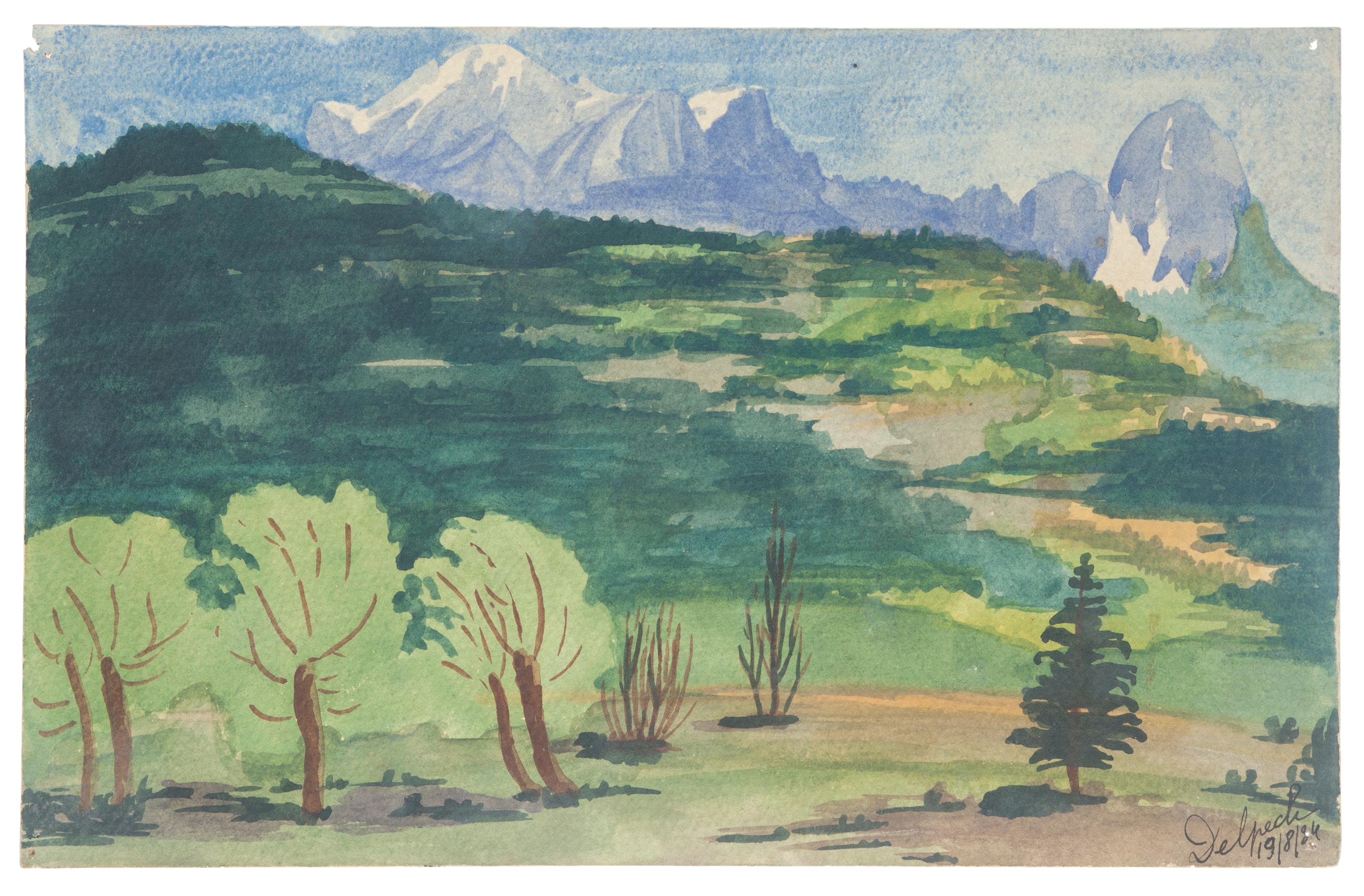 "Landscape" is an original drawing in watercolor on paper, realized by Jean Delpech (1916-1988). 
The state of preservation of the artwork is very good.

Sheet dimension: 14.8 x 23.4 cm.

The artwork represents beautiful landscape with vivid color,