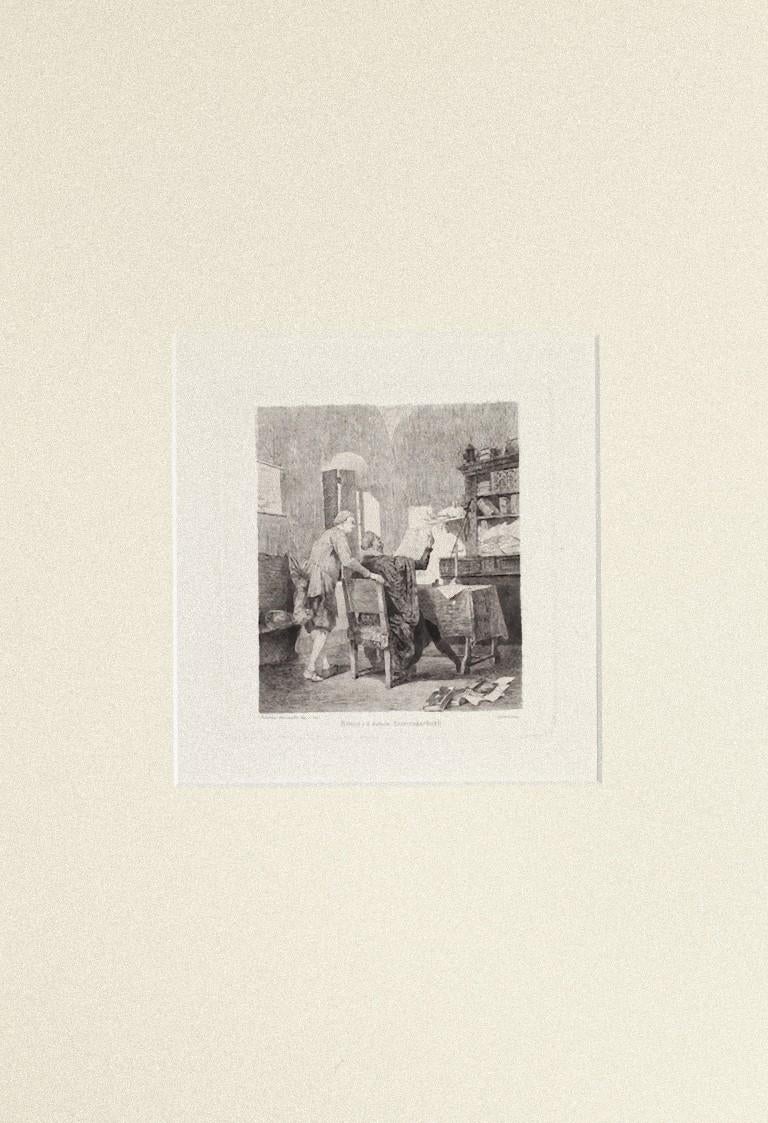 Renzo and Doctor is an original etching realized by Alessandro Balduino (Turin 1848-1891) in 1880 ca. 

Signed on the plate on the lower left, Titled in Italian on the lower center 