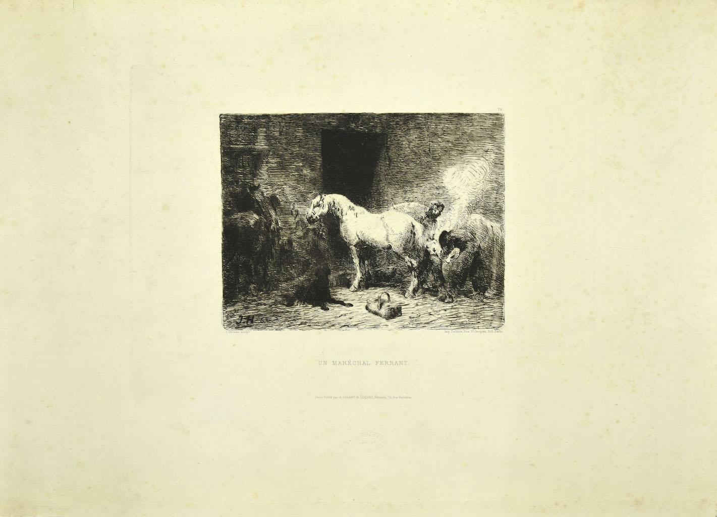 Figurative Print J. Hereau - Stable -  Gravure sur papier de Jules Hereau - Fin du 19e siècle
