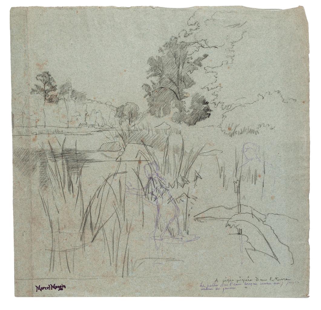 Paysage est un dessin original au crayon réalisé par Marcel Mangin (1825-1915)

signé à la main en bas à gauche.

Dimension de la feuille : 33 x 34 cm

L'état de conservation est bon et vieilli avec de petites rousseurs diffuses, qui n'affectent pas