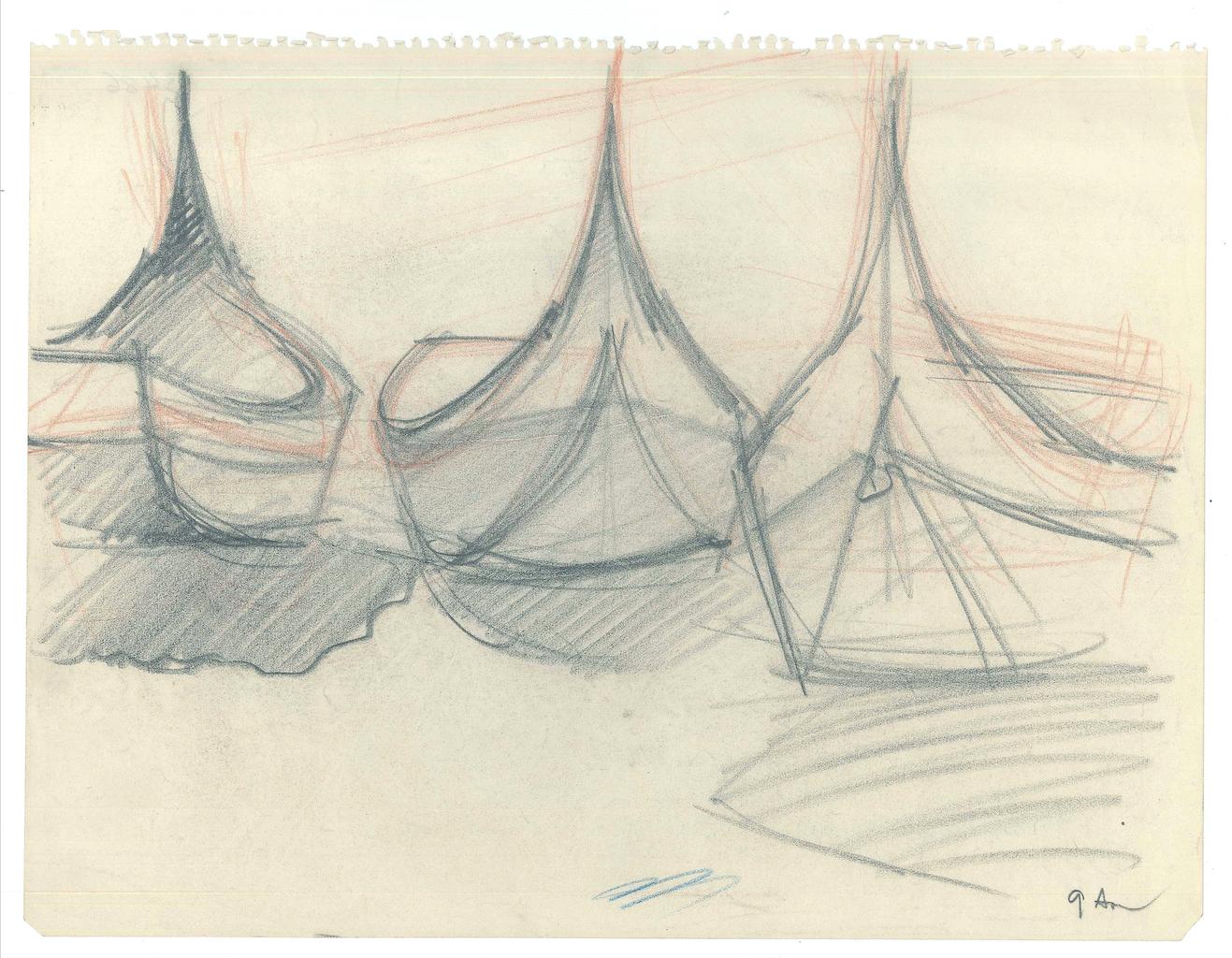 Unknown Figurative Art – Boote – Original-Bleistift auf Papier – 1947