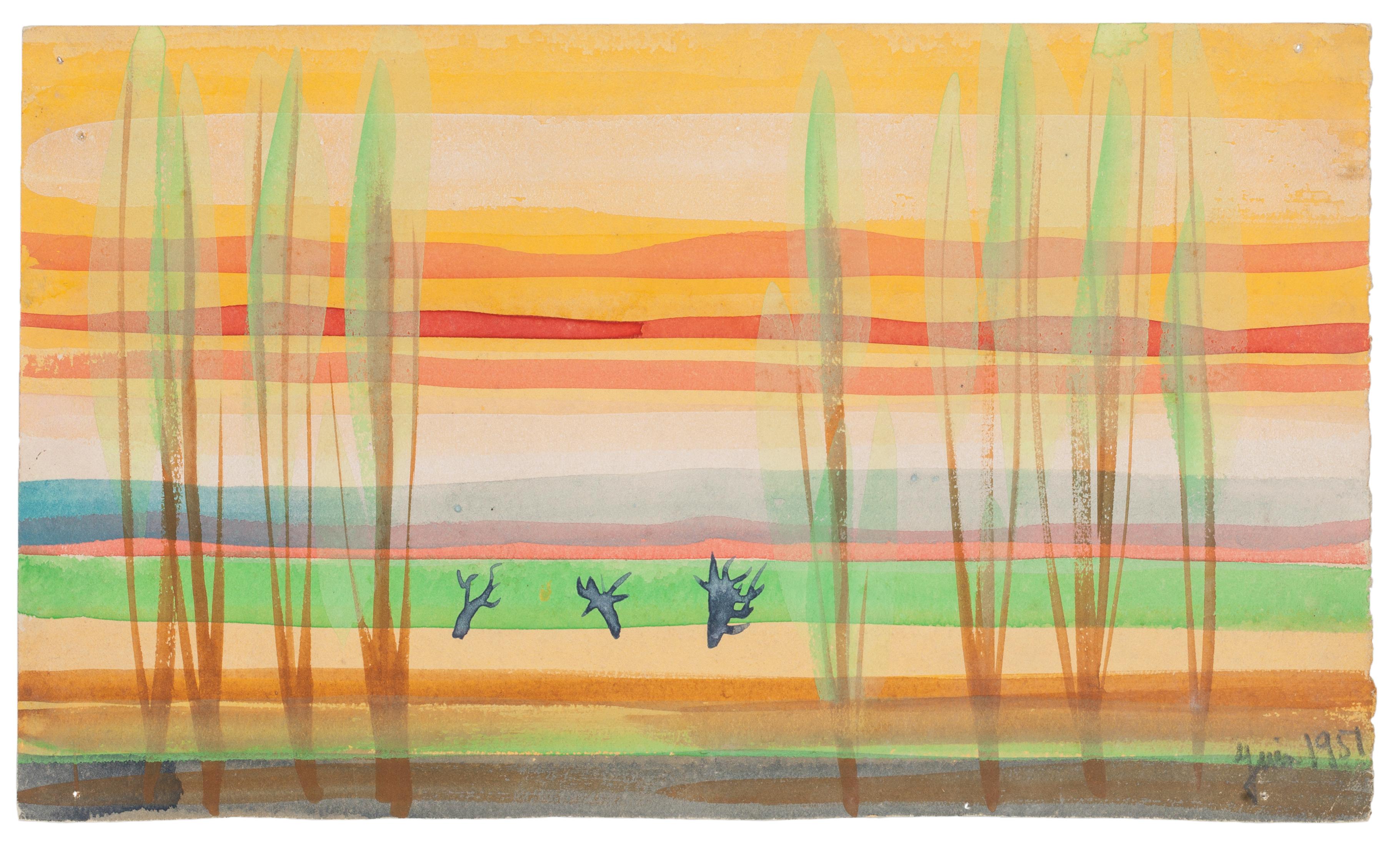 "Fantastische Landschaft" ist eine Originalzeichnung in Aquarell auf Papier von Jean Delpech (1916-1988). 
Der Erhaltungszustand der Kunstwerke ist sehr gut.

Blattgröße: 15,7 x 27 cm.

Das Kunstwerk stellt eine schöne Landschaft mit lebendigen