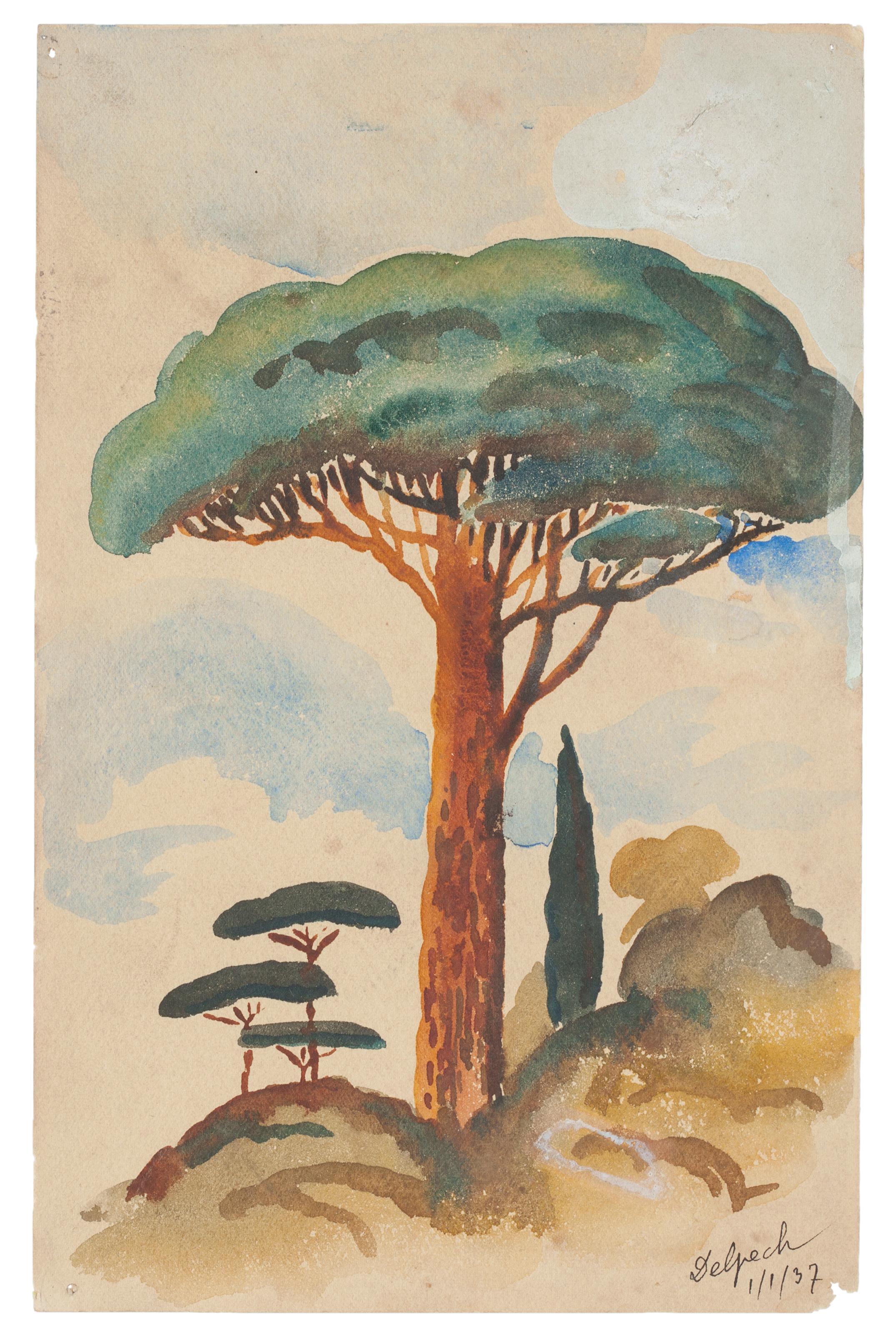 "Lonely Tree" is an original drawing in watercolor on paper, realized by Jean Delpech (1916-1988). 
The state of preservation of the artwork is very good.

Sheet dimension: 23.5 x 15 cm.

The artwork represents beautiful landscape with vivid color,
