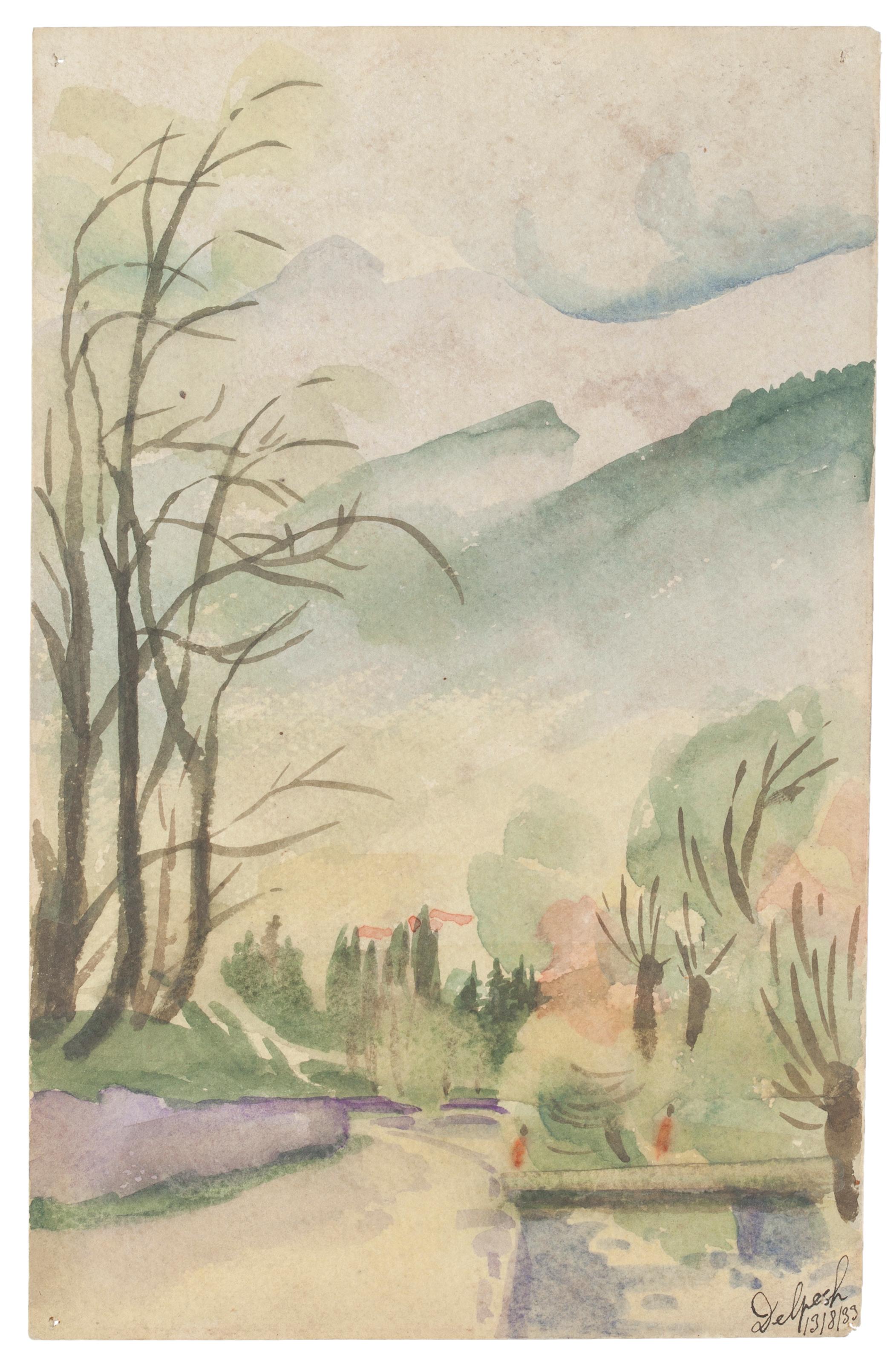 "Landscape" is an original drawing in watercolor on paper, realized by Jean Delpech (1916-1988). 
The state of preservation of the artwork is very good.

Sheet dimension: 23.5 x 15 cm.

The artwork represents beautiful landscape with vivid color,