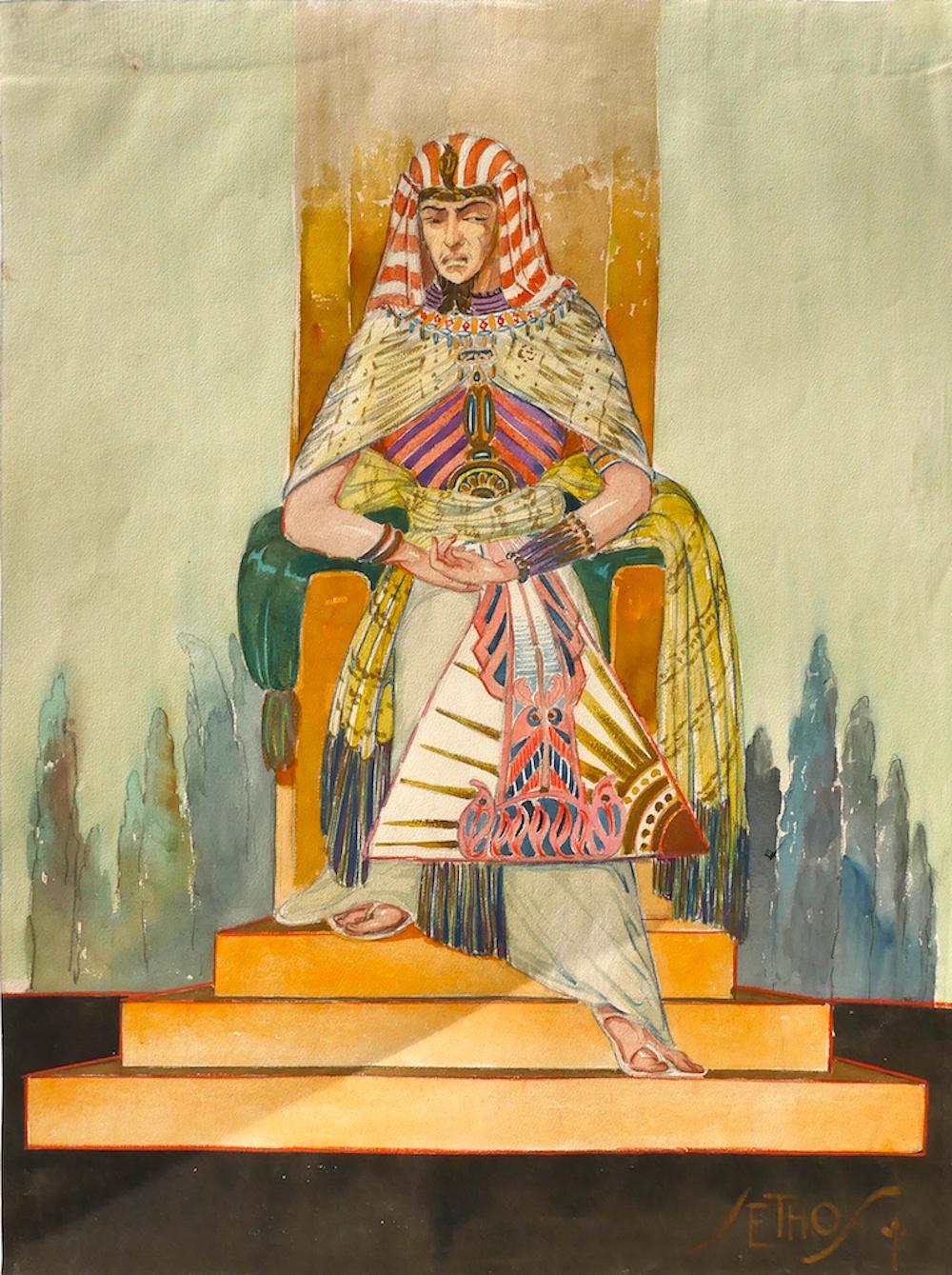 The king is an original drawing in watercolor on cardboard realized by Toha in 1924 ca.

The state of preservation of the artwork is good except for small decoloration and folding on the top.

Titled on the lower right in golden color" Setho".

The